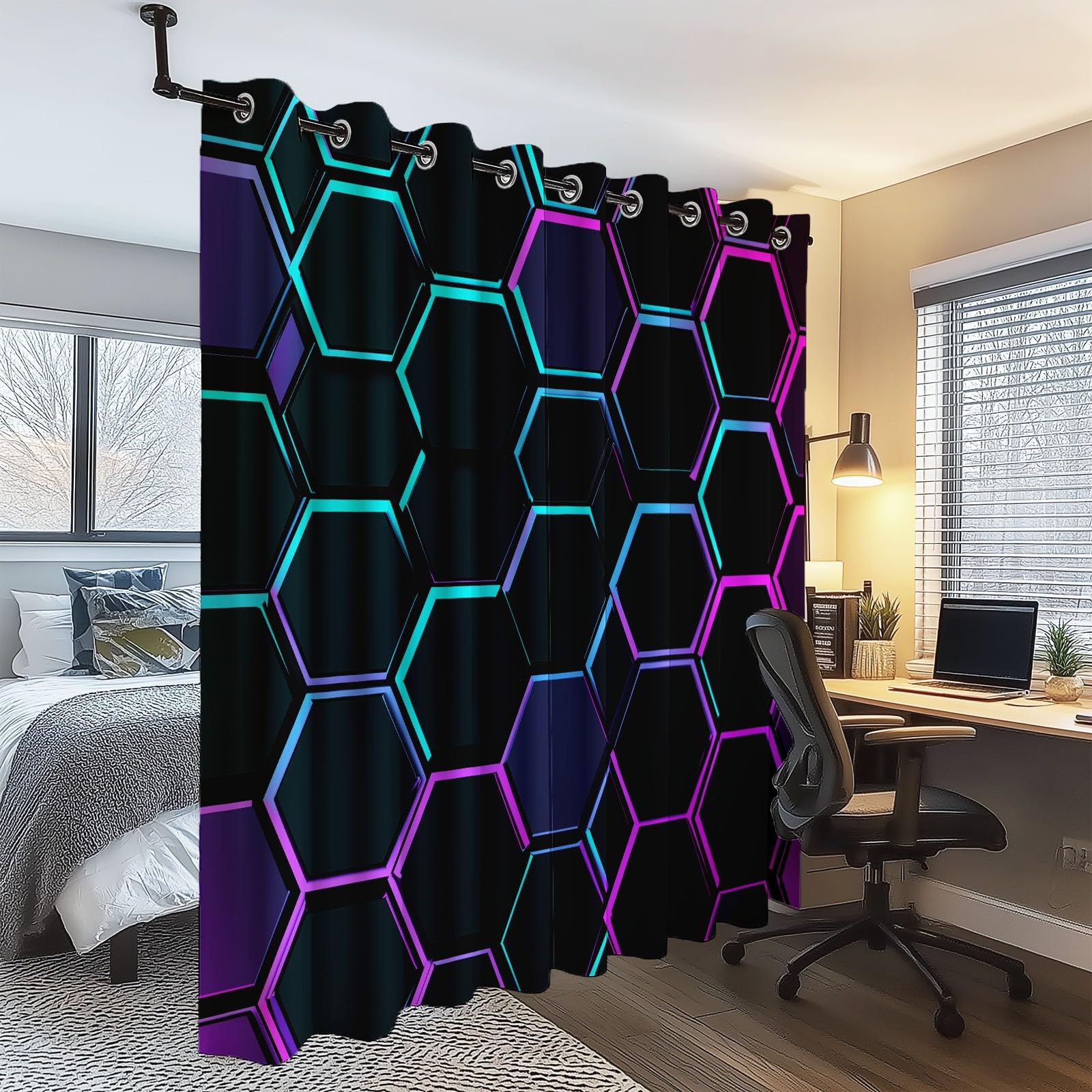 Rideaux Opaques Isolation Thermique 110x215 cm 2 Panneaux Hexagone Géométrique Moderne Noir Violet
