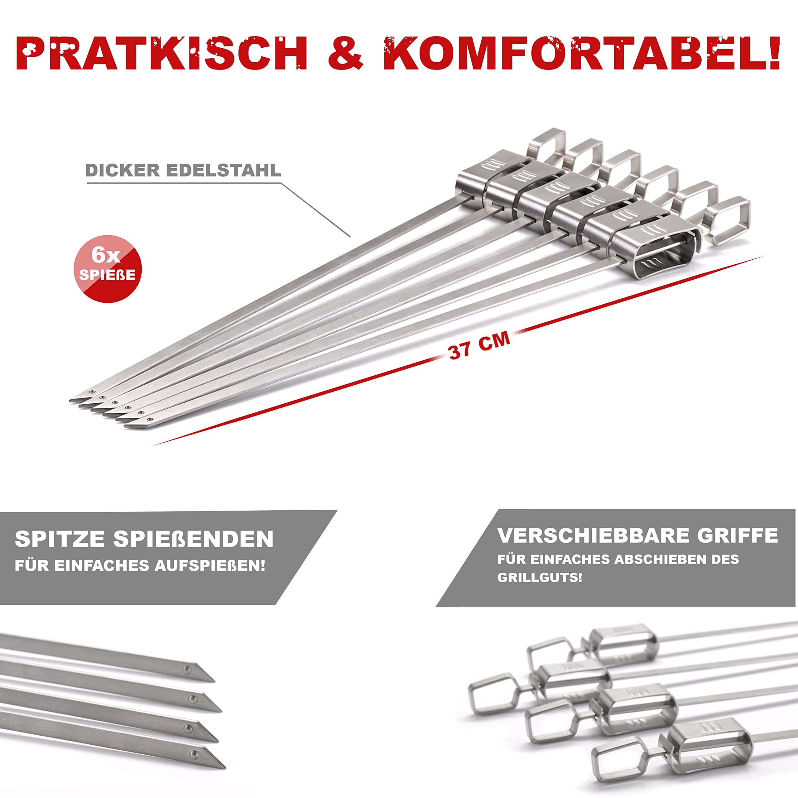 6 Spiedini In Acciaio Inox Per Barbecue - Con Manico Estraibile Per Carne E Verdure - Foto 5