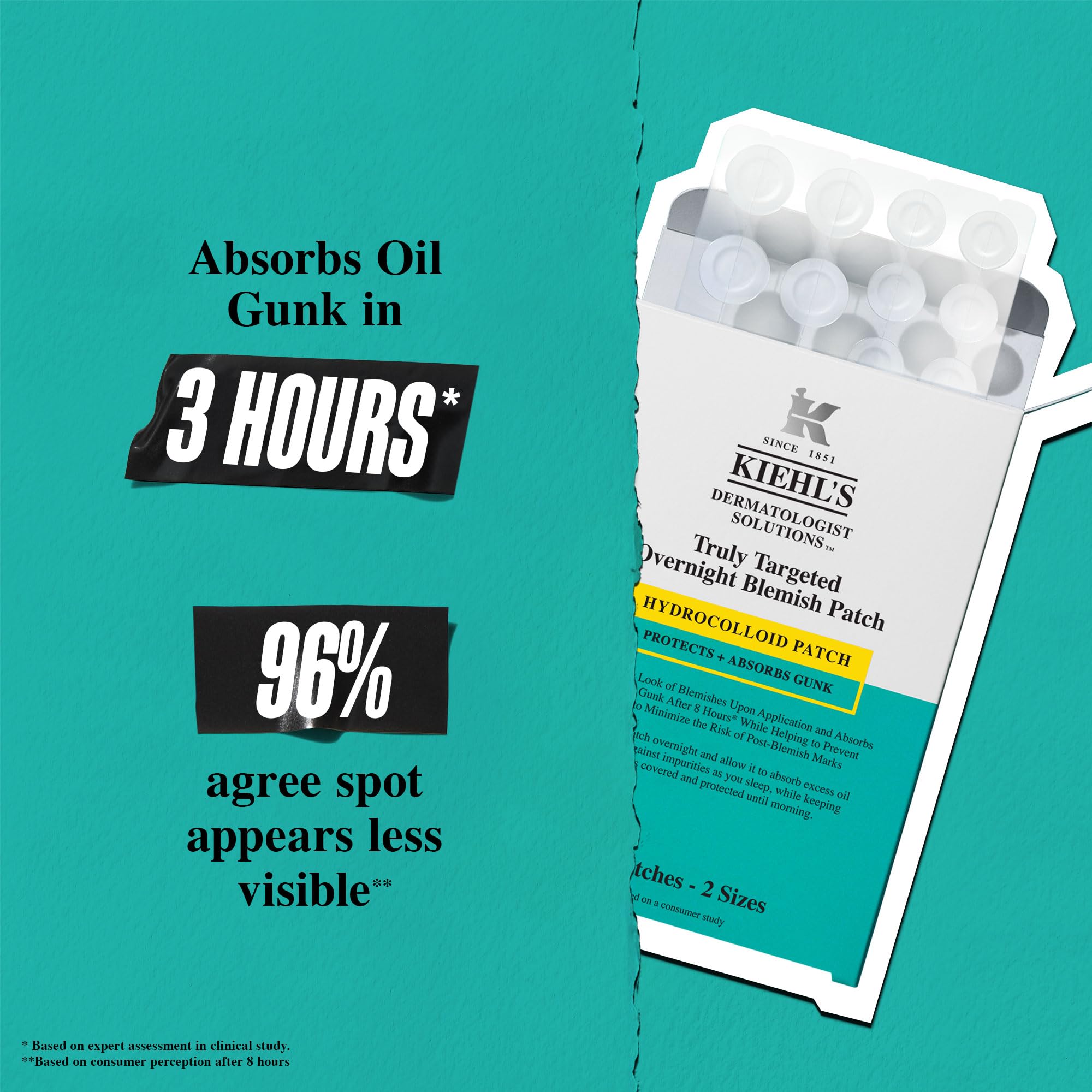 Kiehl's Overnight Pimple Patches - Truly Targeted Invisible Hydrocolloid Blemish Patch, Absorbs Oil and Gunk, Treatment for Whiteheads and Zits, Shrinks Breakouts (22 Count)
