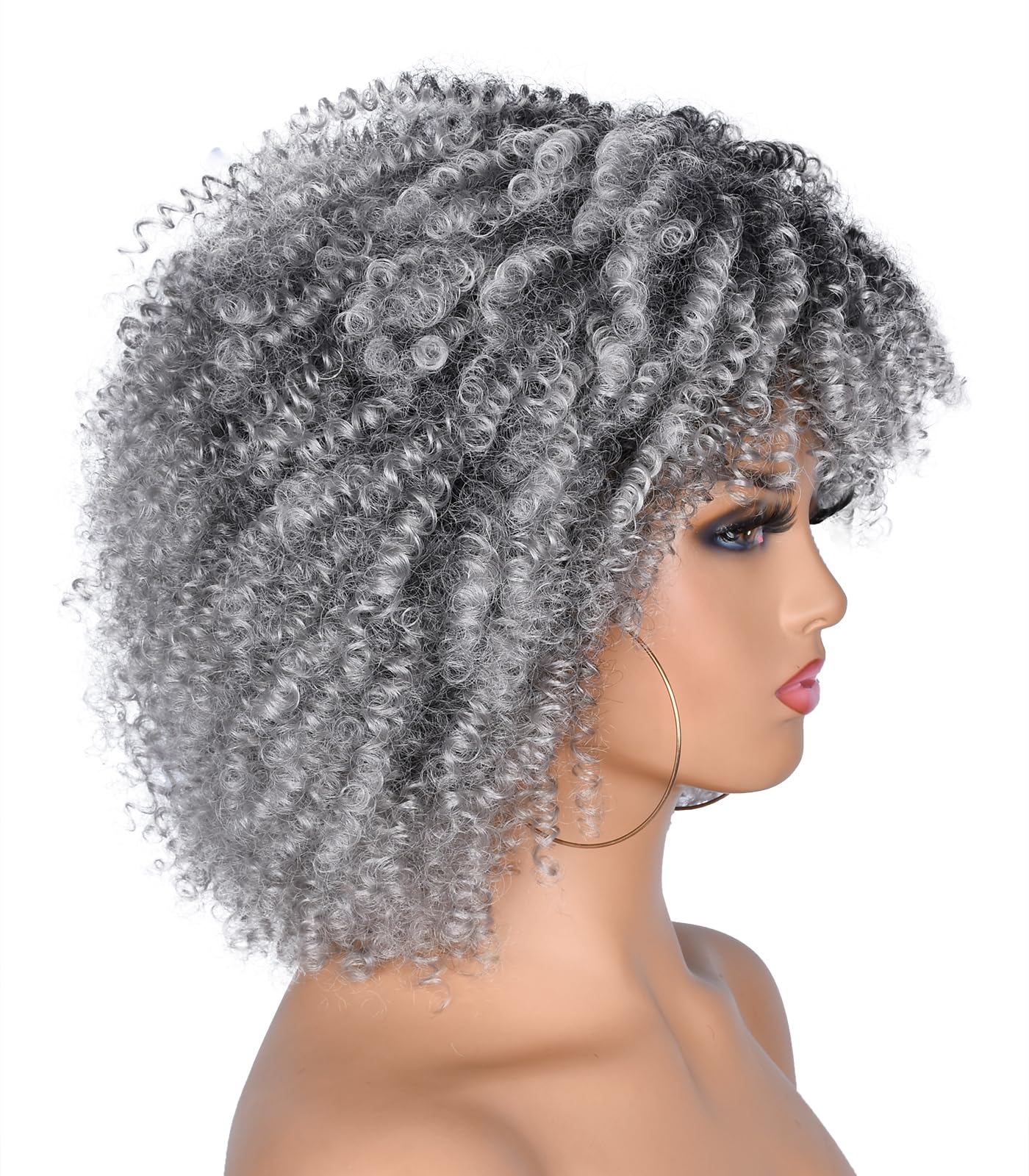 CoCrowns 10Inch Short Curly Afro Wigs with Bangs Bomb Afro Kinky Curly Wig for Black Women Synthetic Fiber Full Wig (Ombre Grey) - Image 4