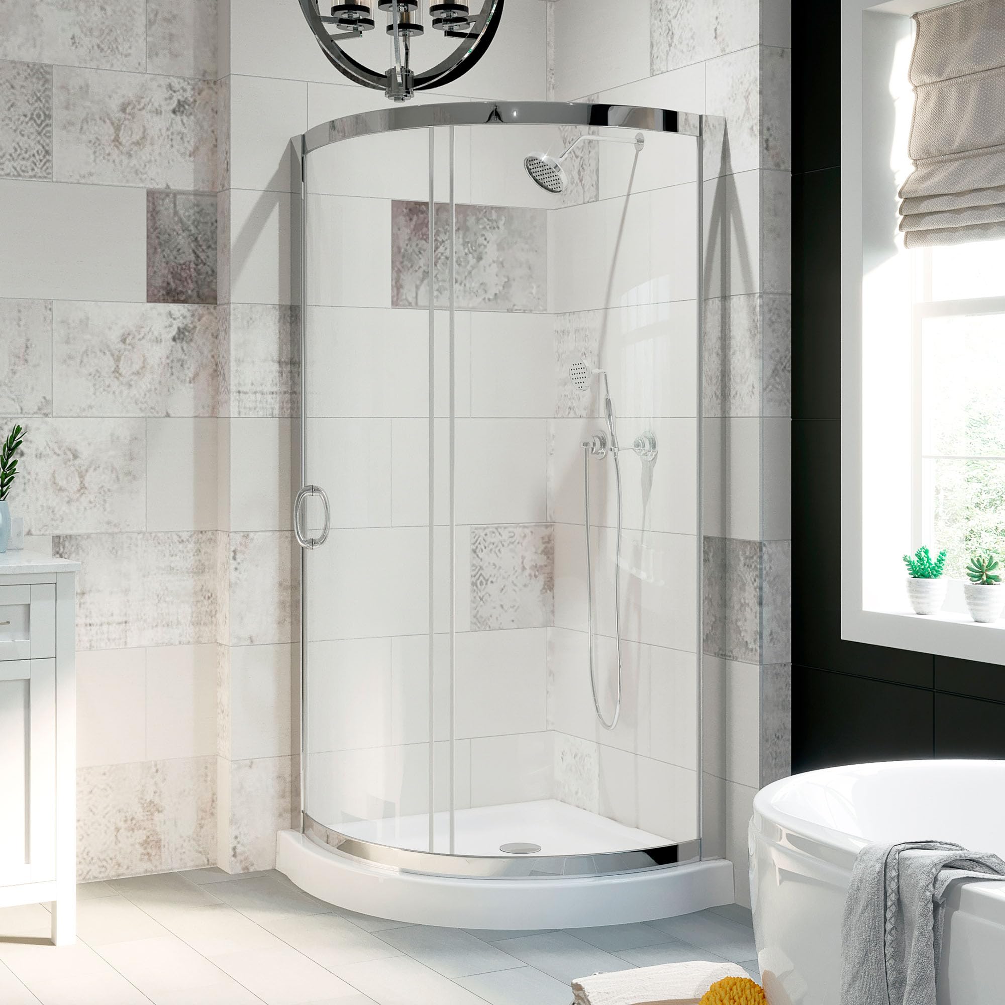 OVE Decors Breeze 34 in. Corner Shower Sliding Door, With Included Base, Clear Glass and Chrome Finish