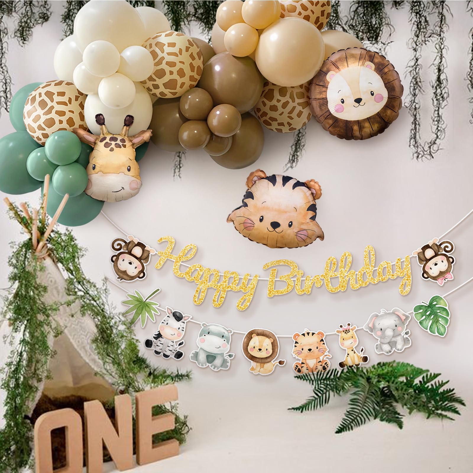 Jungle Safari Birthday Balloons,Sage Green Brown Cream Milky White Animal Print Balloons and Happy Birthday Animal Palm Leaves Banner Decorations for Boys and Girls Birthday Party Supplies