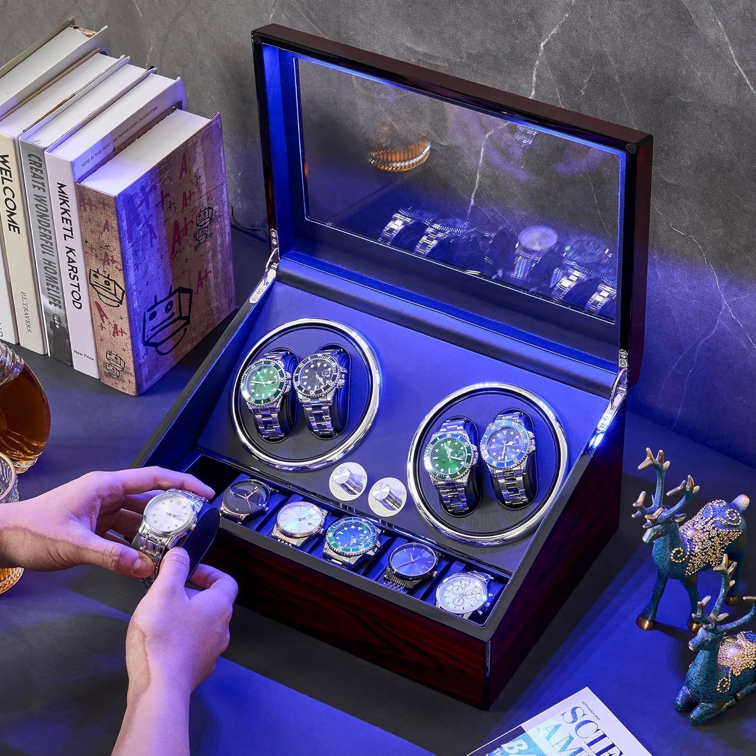 ANWBROAD Uhrenbeweger für Automatikuhren 4 Uhren+6 extra Speicherplätze 4 Drehmodis mit super leisem Mabuchi Luxuriöser Automatik Uhrenbeweger Watch Winder Uhrendreher USB-Aufladung JWW002R