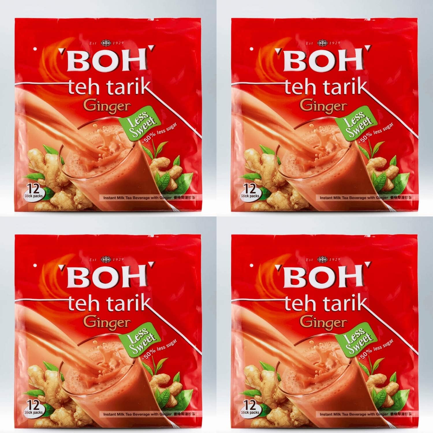 4 Pack BOH Milk Tea Ginger Less Sweet Teh Tarik Halia Imported from Malaysia (4 x 12 Sachets)