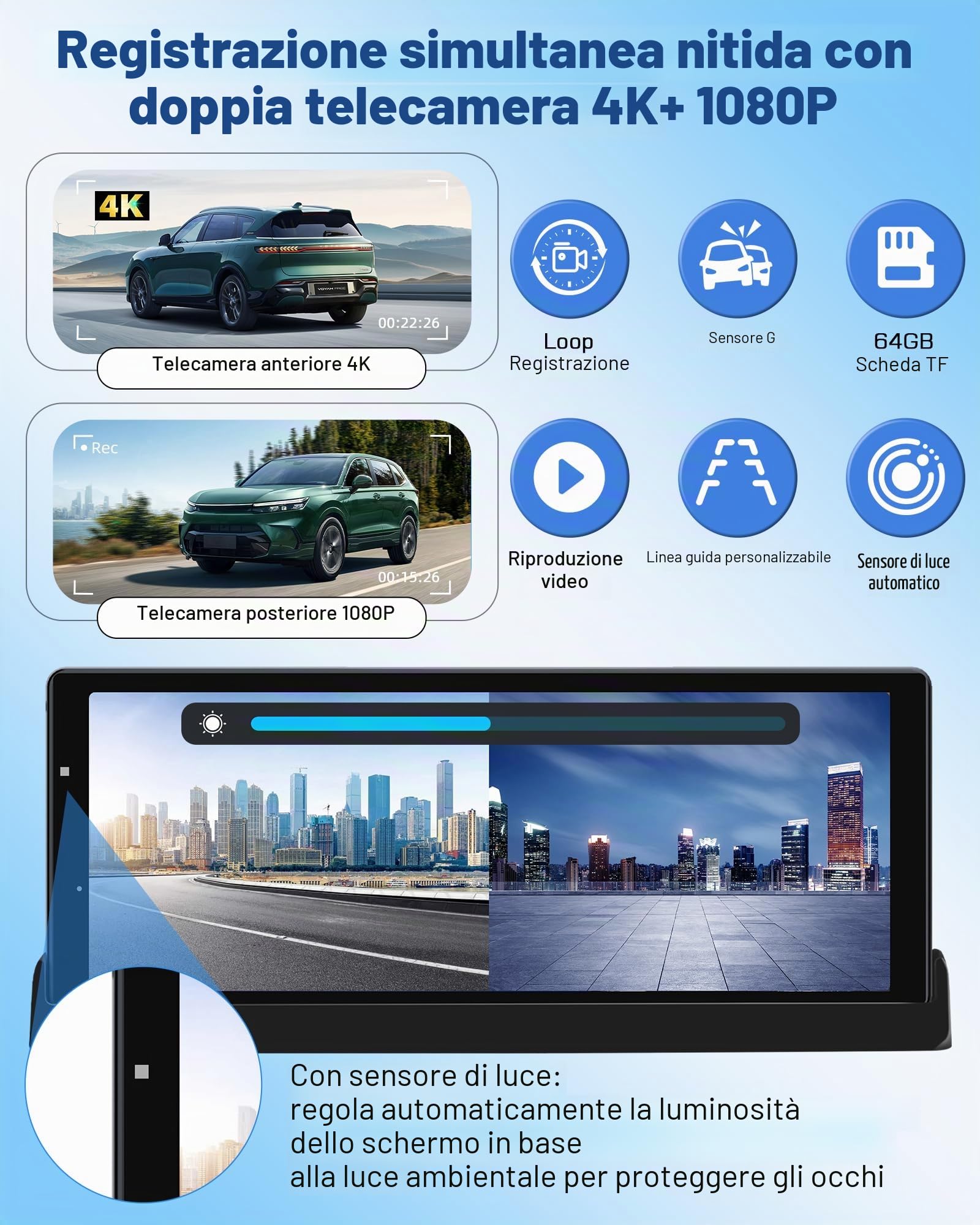 Schermo Carplay Android Auto Display Wireless con 4K Dashcam OEM Supporto