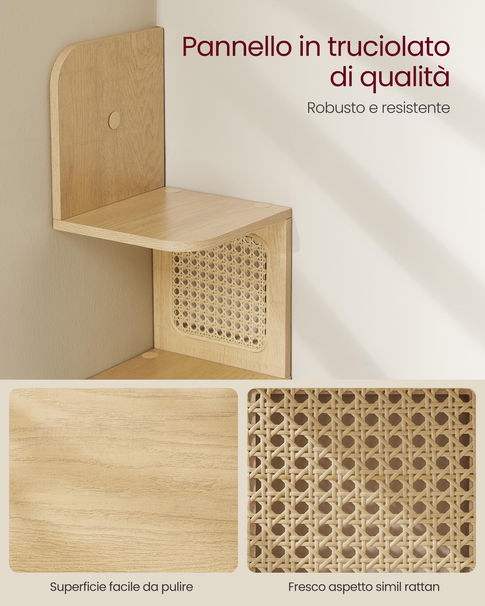 VASAGLE Libreria Angolare, Mensola Angolare da Muro a 5 Ripiani, Portante di 25 kg, Lati in Rattan PVC, Scaffale Compatto, Cucina Camera da Letto Soggiorno, Stile Boho, Beige Rovere LLS582Y57