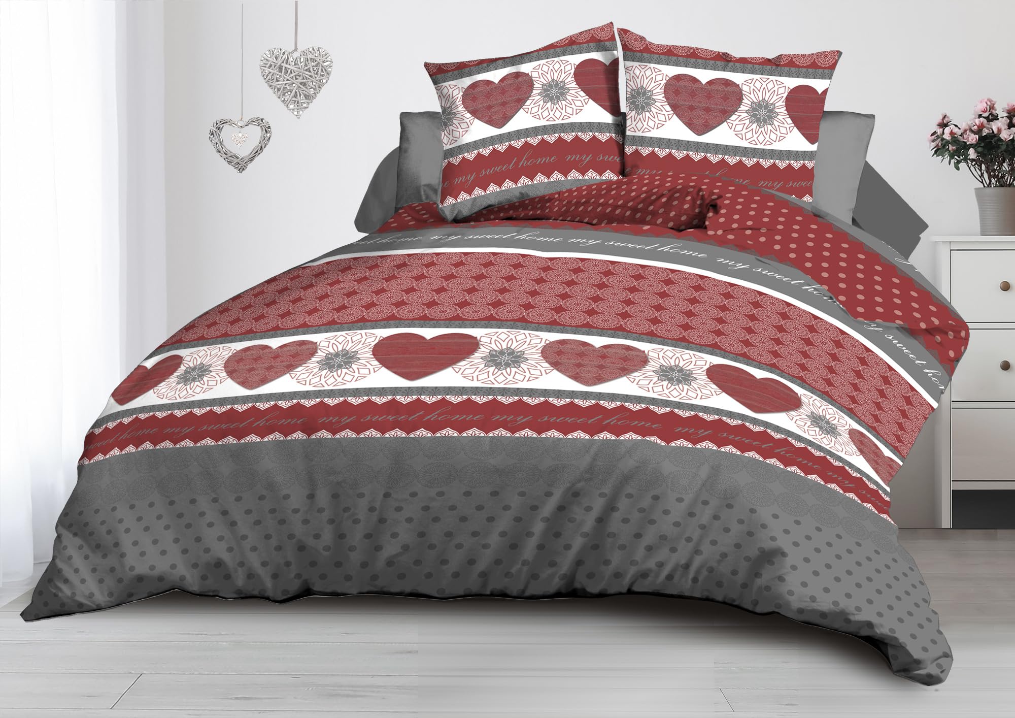 Funda nórdica de 240 x 260 cm y 2 Fundas de Almohada, Microfibra, diseño de Corazones Rojos