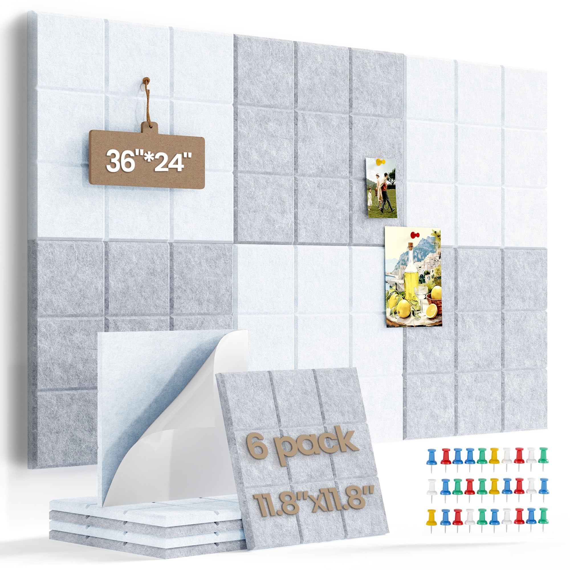 Uoisaiko Large Felt Board Tiles for Wall with 30 Push Pins, 11.8"x11.8" Pack of 6 Pin Board Notice Boards for Home Office Kitchen, Bulletin Board Wall