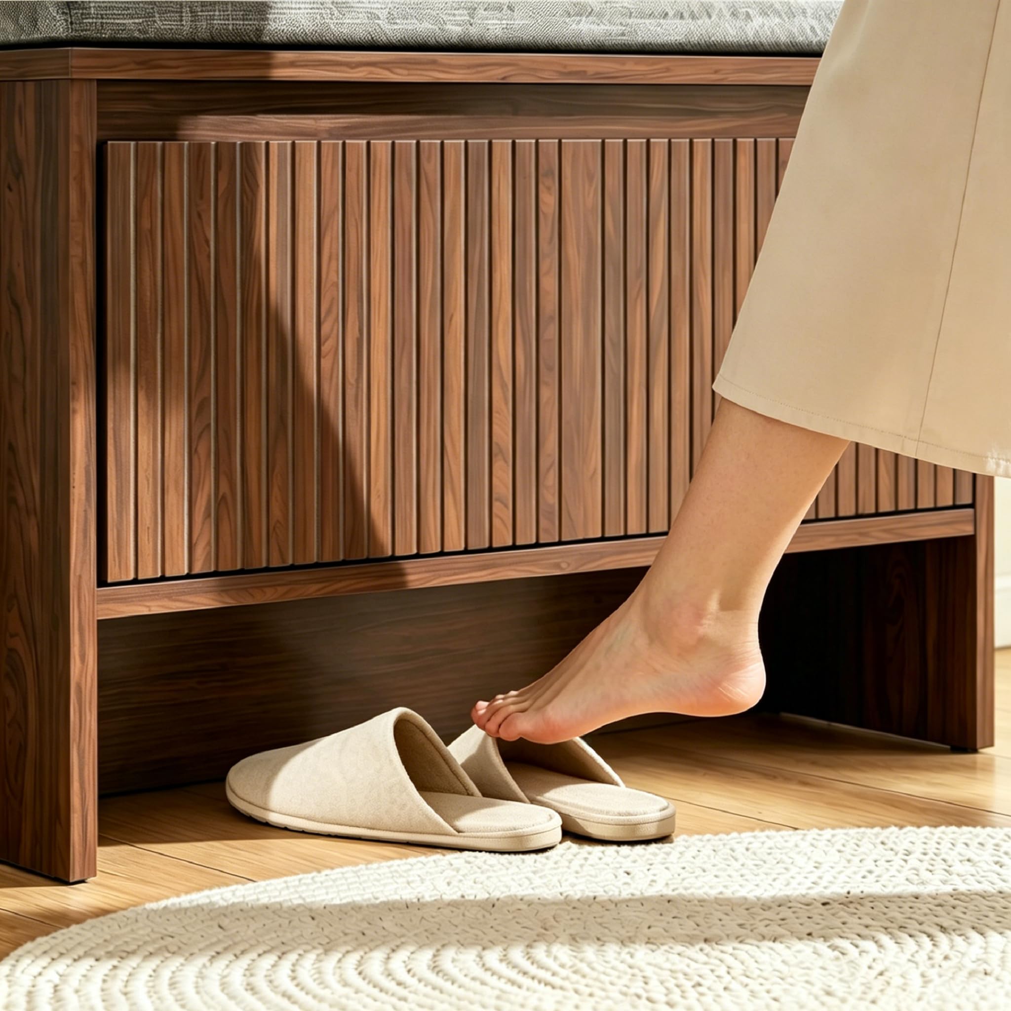 Schuhbank mit Sitzfläche und Stauraum in Walnuss Optik, Moderne Sitzbank Flur mit Lamellen Design, gepolsterte Schuhkommode mit Soft Close Türen, Elegantes Flurmöbel 65 cm