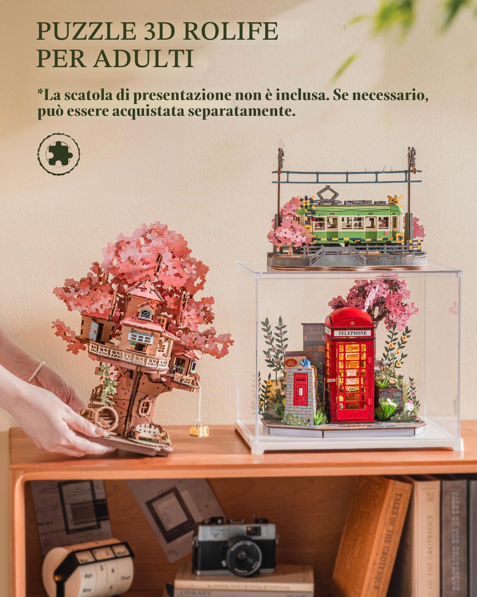Rolife Puzzle 3D in Legno Cabina Telefonica Rossa di Londra Blossom Chiosco di Libri Modellino Fai da Te per Adulti con Luci LED Decorazione per la Casa Idea Regalo Creativa per Viaggiatori