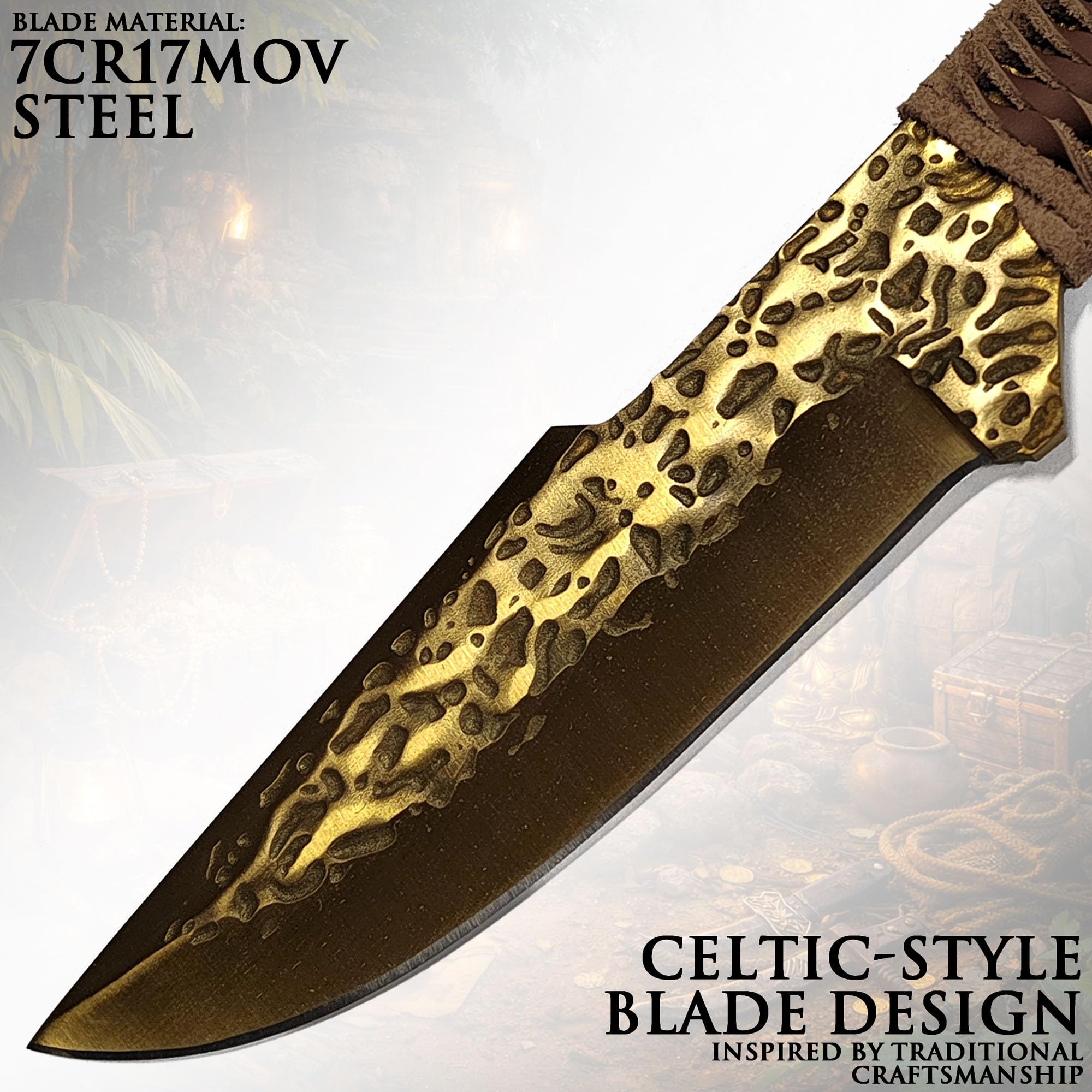 Swords and more Coltello da Caccia Forgiato a Mano Stile Celtico – Lama Dorata in Acciaio 7CR17MOV con Fodero in Pelle – Coltello a Lama Fissa Robusto ed Equilibrato