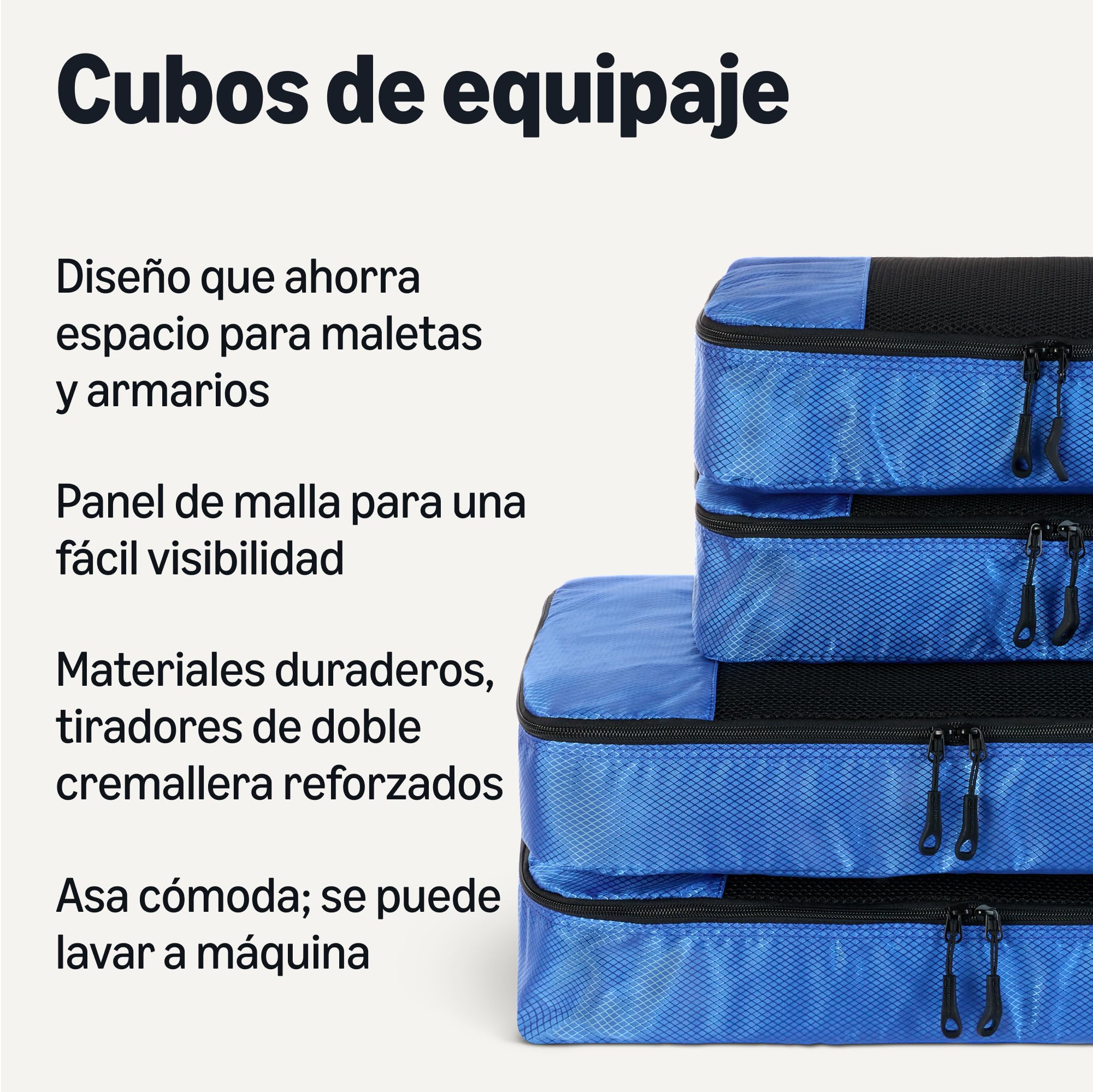 Amazon Essentials Juego de 4 Cubos para Viaje, Organizador de Equipaje con Doble Cremallera, Poliéster, 2 Mediano/2 Grande, Azul