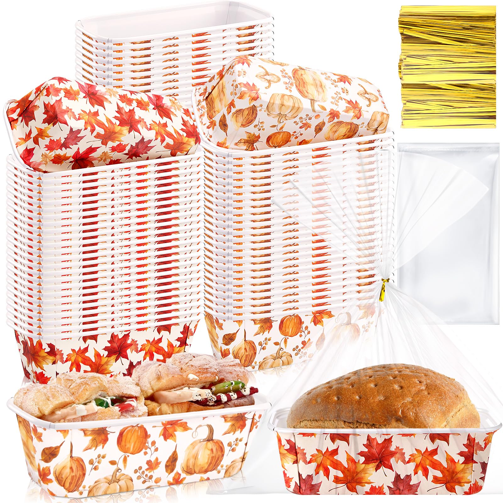 Honeydak Mini-Kastenformen, Einweg-Papier-Brottabletts mit Kunststofftüten und goldfarbenen Bindebändern, Erntedankfest, Brotbeutel für Herbst, Backen, Geschenkverpackung, Partyzubehör, 100 Sets