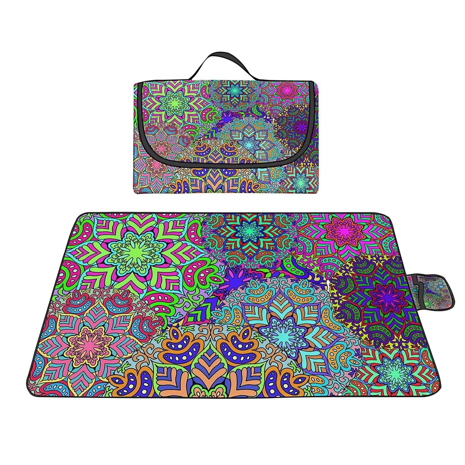 Manta de Picnic al Aire Libre, 200x300cm Alfombras de Playa, Mantas para pícnic Impermeable Prueba Arena Manta de Playa Plegable Portátil para Aire Libre Jardín Acampar Mantas Pícnic Mandala Azul