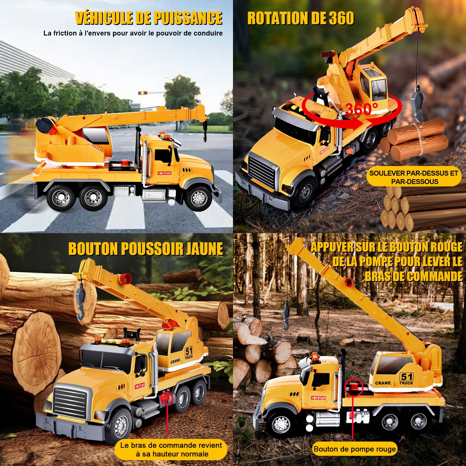 Aragallant Camion Grue Jouet Enfant, Grue de Chantier avec Son, Véhicule Chantier Jouet Garçons, Cadeaux pour Enfants de 5 à 7 Ans