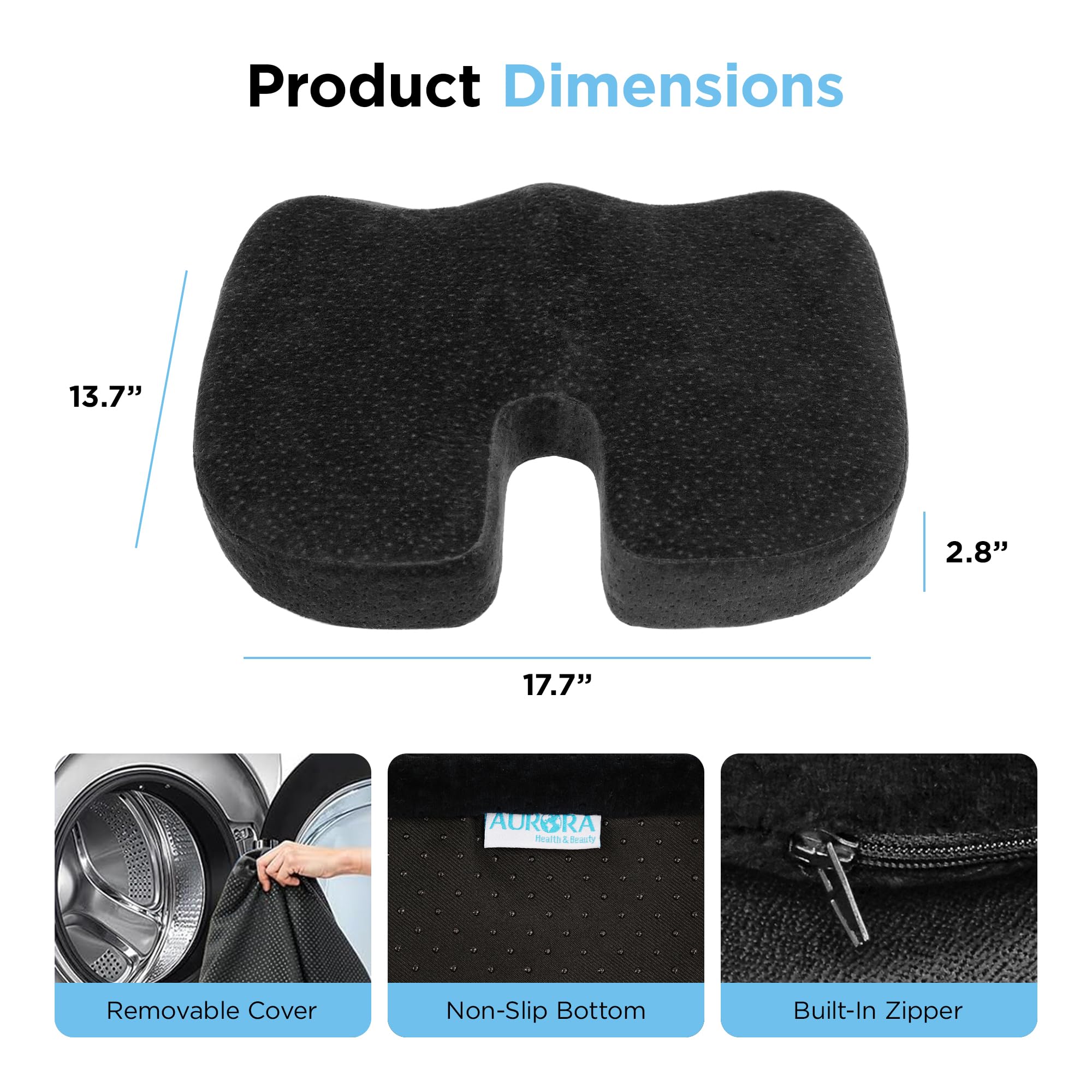 Aurora Health & Beauty Memory Foam Sitzkissen für Bürostuhl, Autositz & Schreibtisch, Hüft-Steißbeinkissen für Steißbein & Ischias, Schmerzlinderung, Schwarz