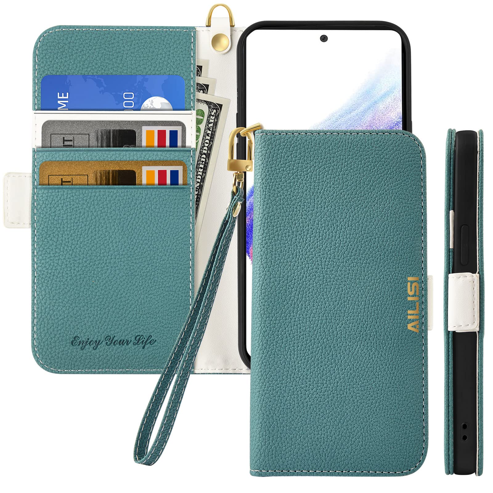 Ailisi Wallet Case for Samsung Galaxy S20 FE 5G (6.5 inch), Lychee pattern Luxury Vegan Leather Flip Protective Cover with Card Slots + Wrist Strap, Magnetic Folio Shockproof Phone Case (Green)