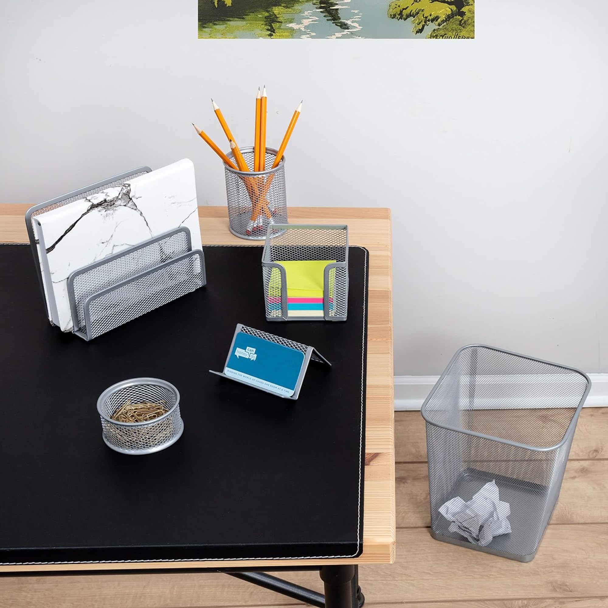 The Better Home Set di 6 organizer da scrivania, per carta, penne, matite, pennelli, biglietti da visita, design in rete metallica antiruggine, multiuso, include pattumiera, plastica verniciata a