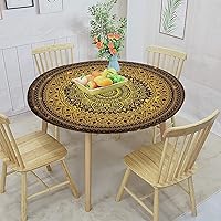Vista 2 de Mantel redondo ajustable con borde elástico, patrón de mandala marrón en poliéster estampado oscuro, tamaño XL, se adapta a mesas redondas de hasta