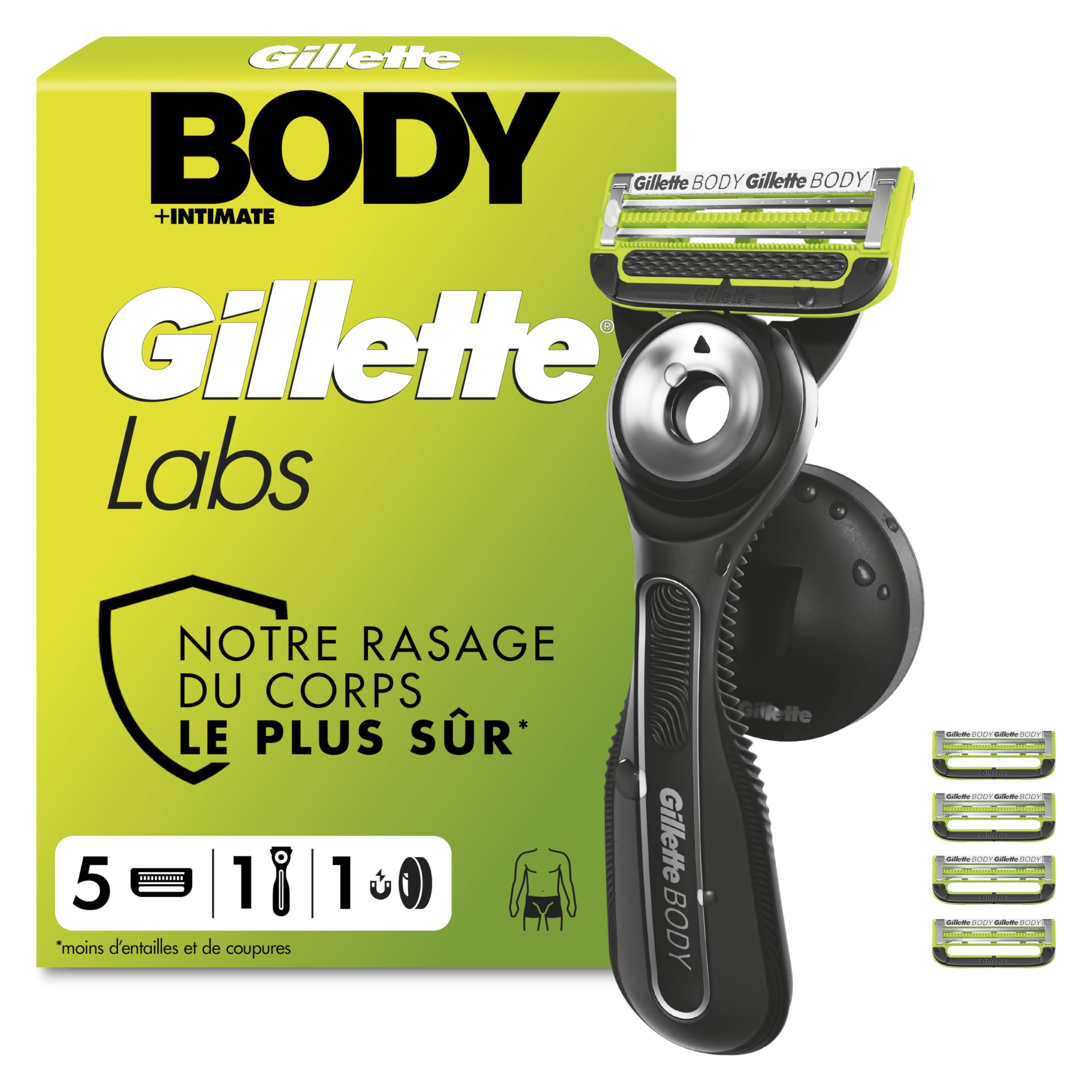 Gillette Labs Body + Intimate Rasoir Intime Homme, 5 Cartouches, Noir – Conçu pour le Rasage du Corps et du Pubis, Lames avec une Barre Anti-Poils Incarnés et Irritation, Manche Facile à Gripper