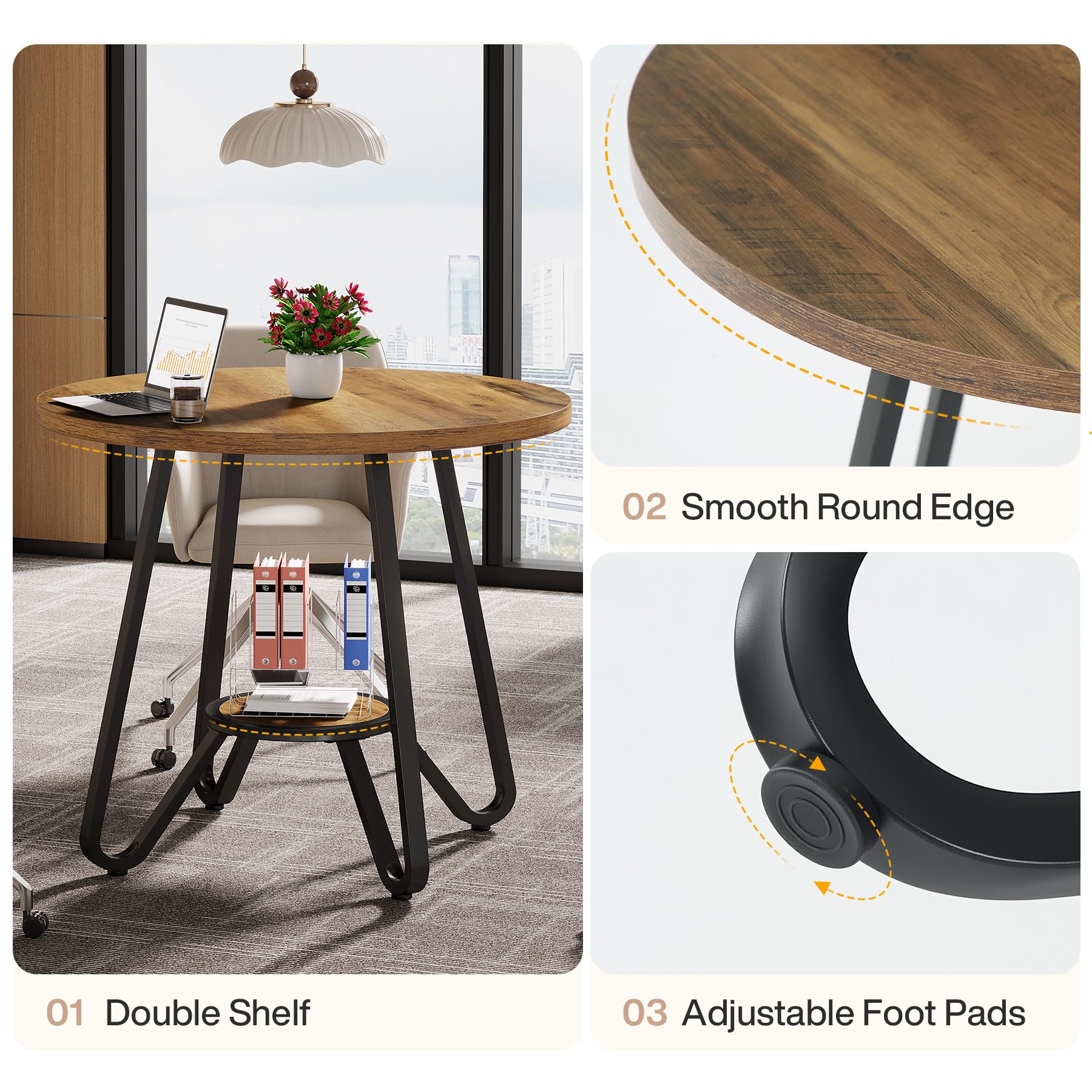 Tribesigns Runder Besprechungstisch 80×80×75 cm, Kleiner Konferenztisch für 2-4 Personen, Kompakter Holztisch für Büro und Arbeitszimmer, Braun
