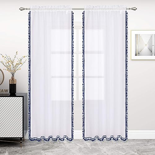 Miniatura 4 de LUSHLEAF Cortinas transparentes con borlas para sala de estar, 52 x 72 pulgadas de largo, azul marino, panel de cortina de privacidad y filtrado de