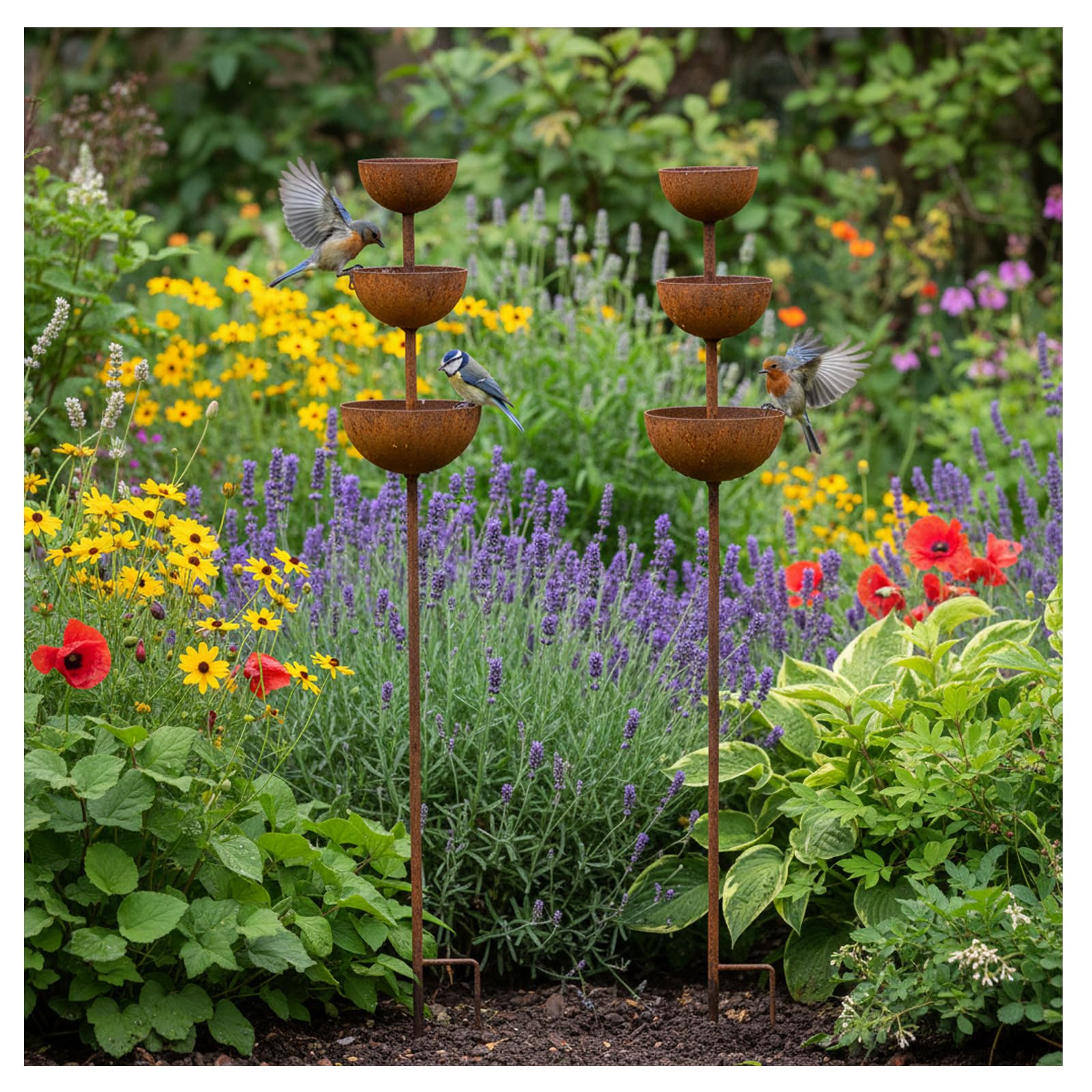 Metal Rain Catcher Garden Stake, 3 layers Outdoor Bird Bath & Feeder for Wild Birds, Detachable Rust Patina Decorative Rainwater Collection Bowl, Support Stake for Yard Art & Patio Decor (26.7"/68cm)