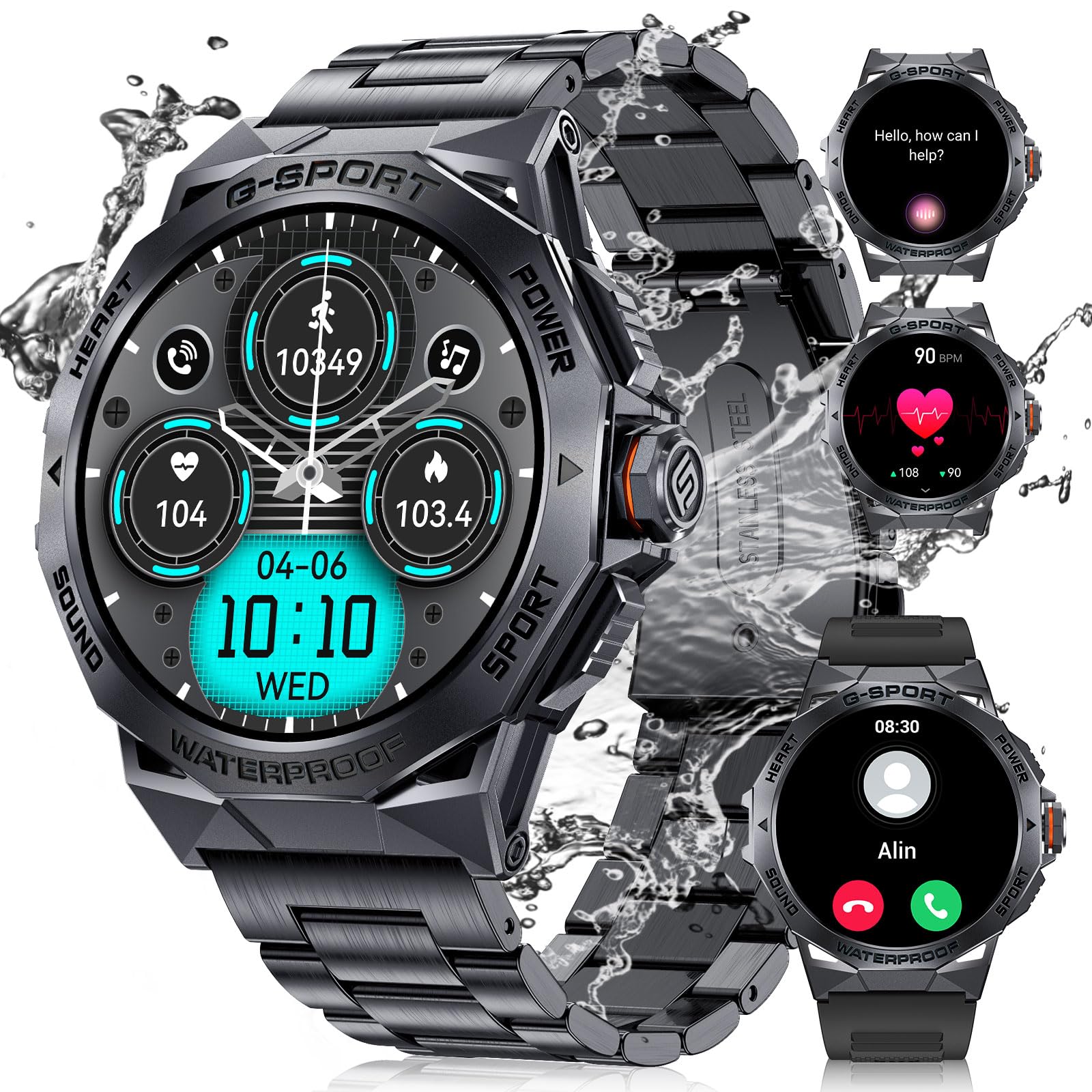 FOXBOX Militares Reloj Inteligentes Hombre, 1,43" AMOLED Hacer/Responder Llamadas, 5 ATM Impermeable, Seguimiento de Actividad Ritmo Cardíaco Calorías, 400 mAh Reloj Inteligente con iOS Android Negro
