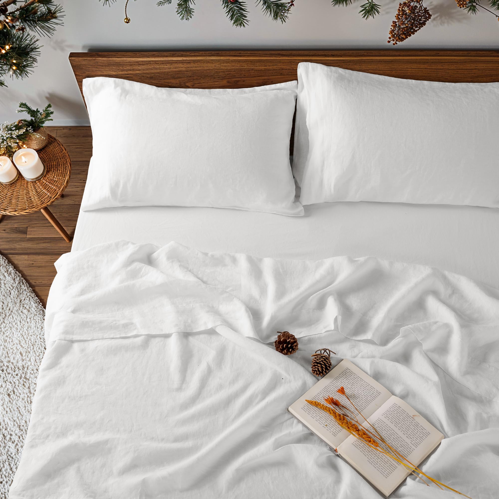 100% Pure Linen Sheet Set, Breathable Natural Linen Sheets 4pcs, Bedding Set 16" Deep Pocket Moisture-Wicking (White Full)
