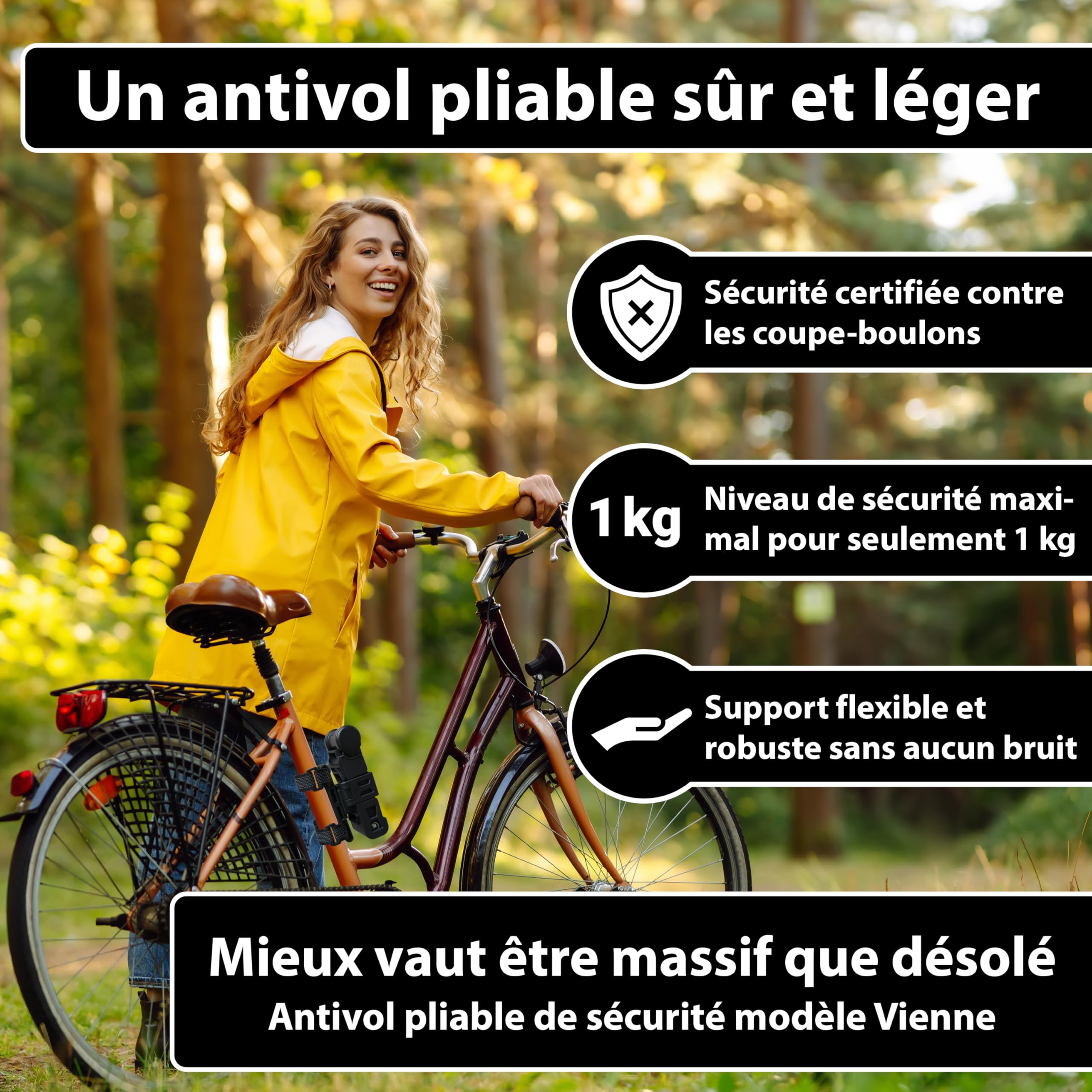 KOHLBURG Antivol pliable vélo 89cm – FUB 2 Roues – sécurité maximale à 1kg | Antivol vélo avec support – très sûr comme antivol trottinette & eBike vélo sécurisé – anti vol velo electrique homologué
