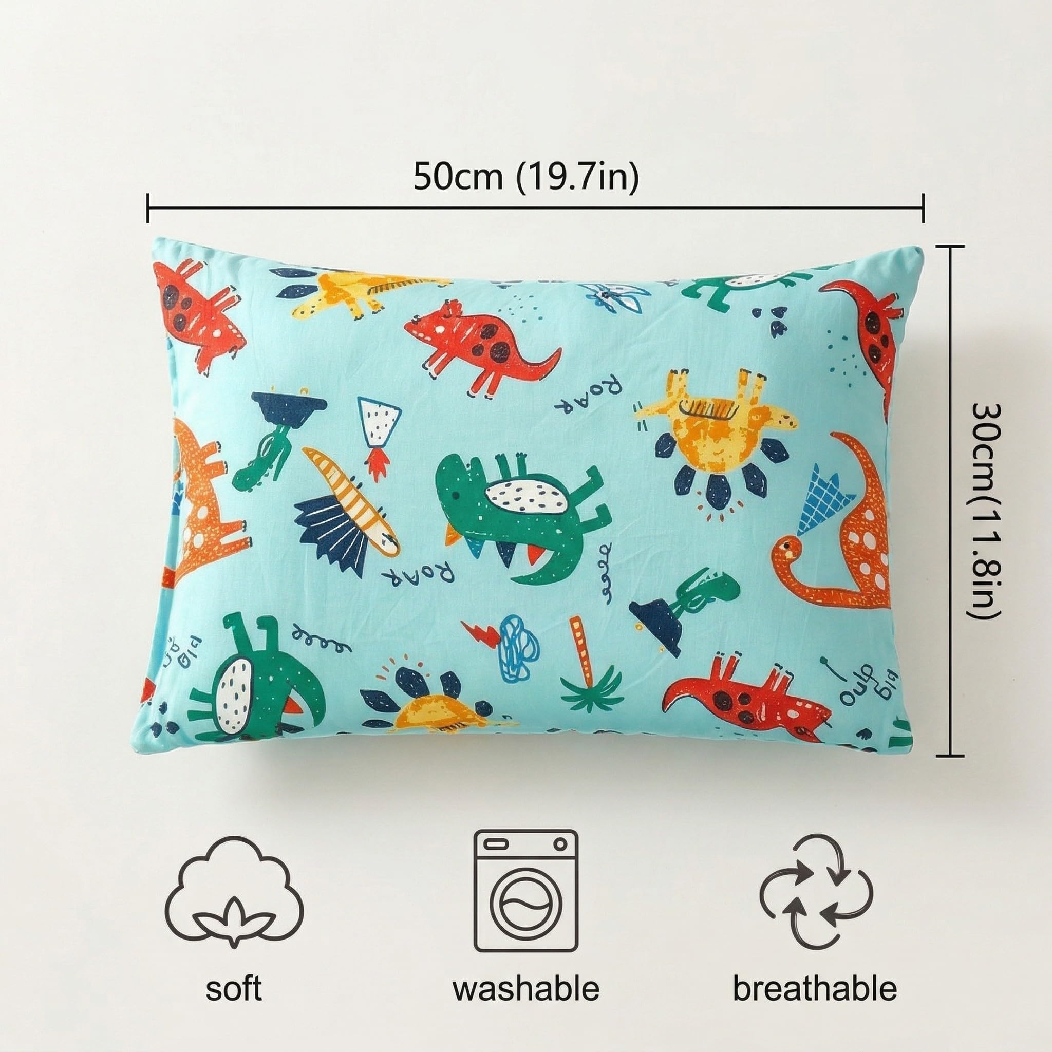 Federa Cuscino 30x50 cm Cotone Morbida Traspirante Motivo Dinosauro per Bambini 2 Pezzi
