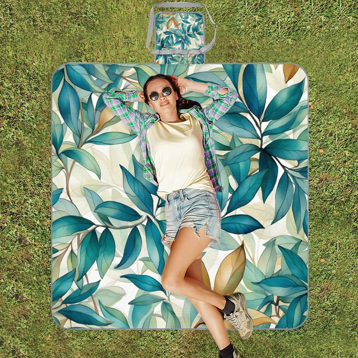 Mantas de picnic de 150 x 145 cm, con estampado de hojas, plegable, para exteriores, playa, impermeable, para la familia, playa, camping, senderismo, picnic