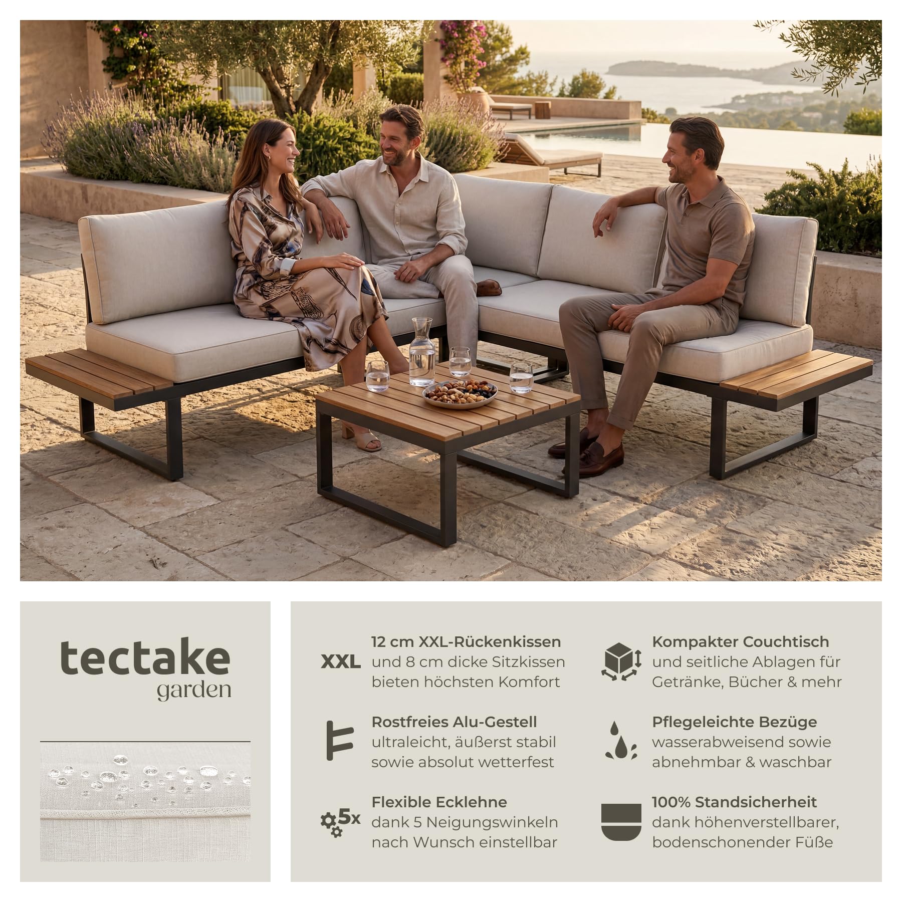 tectake® Gartenlounge Set 4-teilig, wetterfest, Gartenmöbel mit Aluminium-Gestell und Polywood-Tisch, verstellbare Rückenlehne, Gartenmöbel Set mit Kissen, Gartenlounge für Garten, Balkon, Terrasse