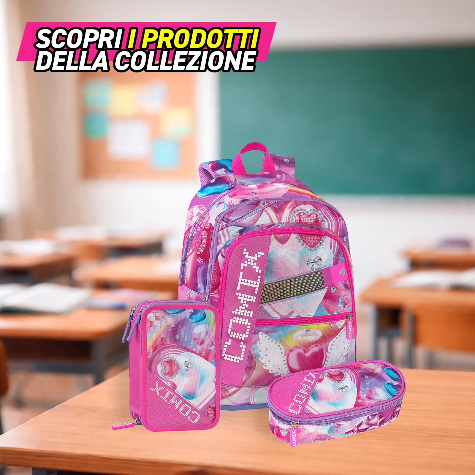 COMIX - Zaino Scuola Media, Superiore, 3 Vani con Alloggio Porta PC, Maxi Tasca Frontale, Schienale Imbottito e Rinforzato, Spallacci Imbottiti e Regolabili, Retro Antiscivolo, 32x42Hx19,5 cm
