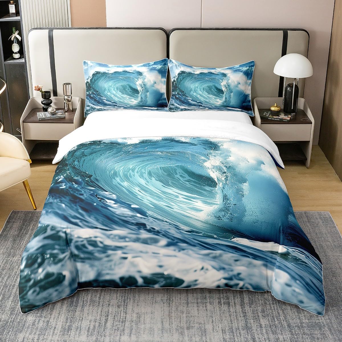 3D Sea Waves Bedding Set Queen Size 3 Pcs 100% Cotton Seaside 3D Natural Scenery Print Duvet Cover for Kids Teens Adults Summer Surfing Blue Ocean Sky Comforter Cover,2 Pillowcases(No Comforter)
