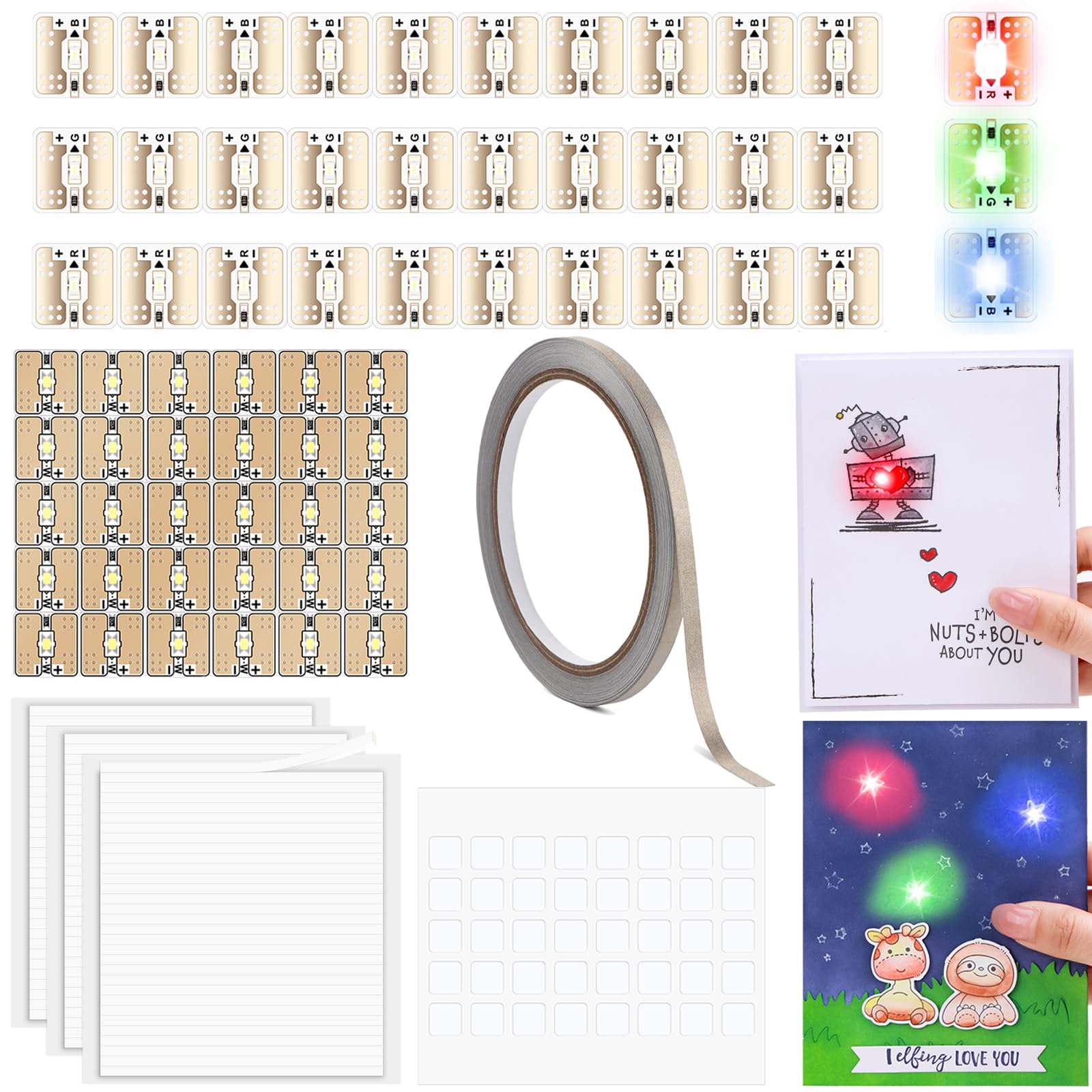 LED-Schaltungsaufkleber, Licht-Bastelset für leuchtende Karten, Projekte, mit leitfähigem Klebeband und 3 Bögen selbstklebenden Schaumstoffstreifen, fügen Sie Lichter zu speziellen Karten hinzu (10