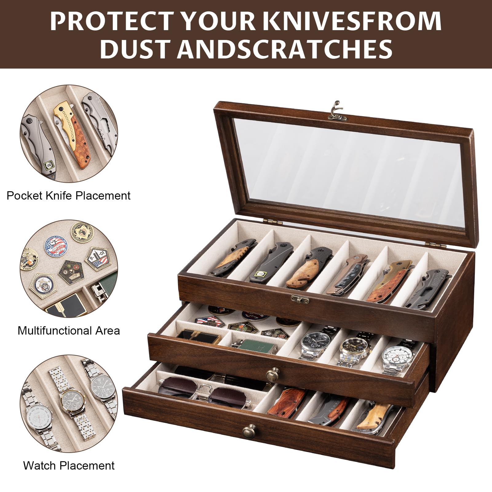 3 Étages Coffret Poignard, Bois Boîte Présentoir à Couteaux avec Tiroir et Couvercle Transparent, Support à Couteaux pour Exposer et Ranger les Couverts, pour Collection, Cadeau (Noyer)