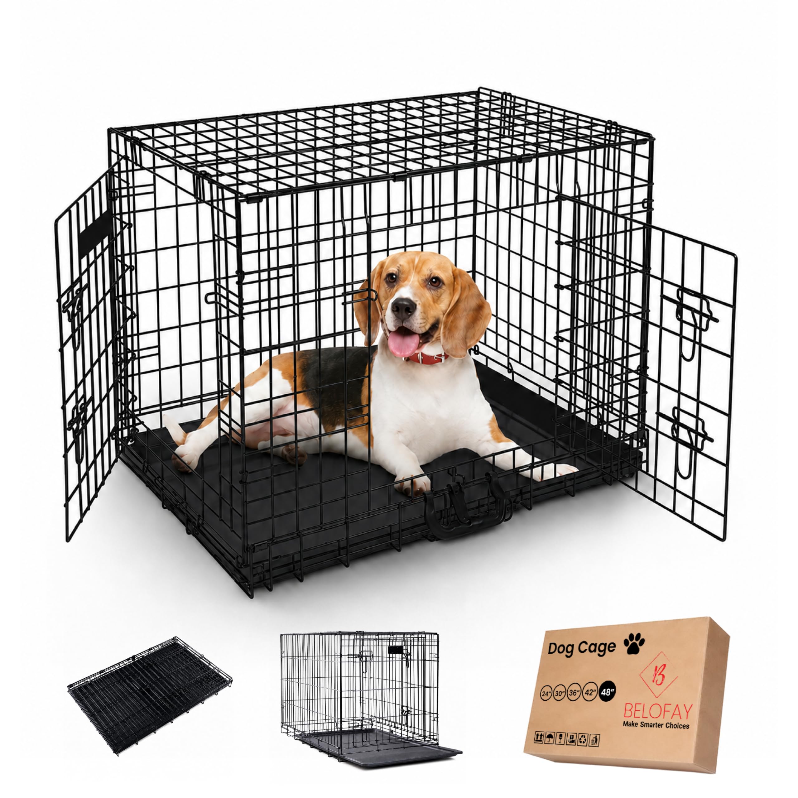 BELOFAY Heavy-Duty Folding Dog Crate | 48-Inch Metal Frame Dog Cage with Dual Access Doors, Chew-Resistant Removable Base Tray, Sliding Lock & Carry Handle – Ideal for Puppy Training & Travel