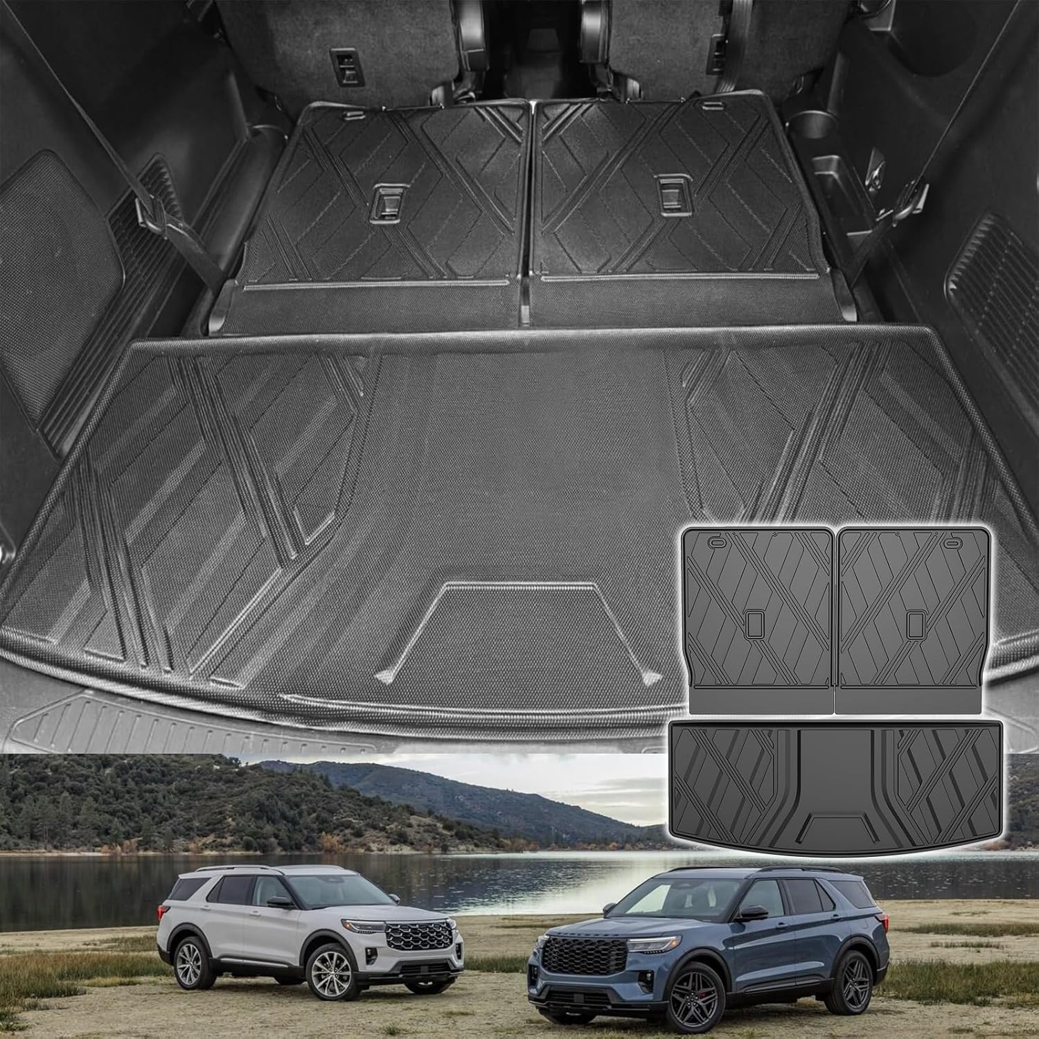 AOMSAZTO Cargo Liner Seat Back Cover Protector for Ford Explorer 2020-2025 6&7 Seat - Custom Fit All Weather Trunk Mat Upgraded TPE Cargo Mat Backrest Mat - Black