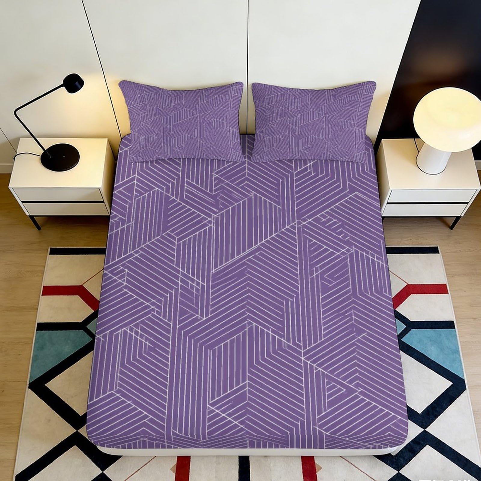 Geometric Purple 3D Printed Fitted Sheet, Microfiber soft touch, wrinkle resistant, Bed Cover for home, guest room bedding, easy care, 100-120cm 90x200x25cm