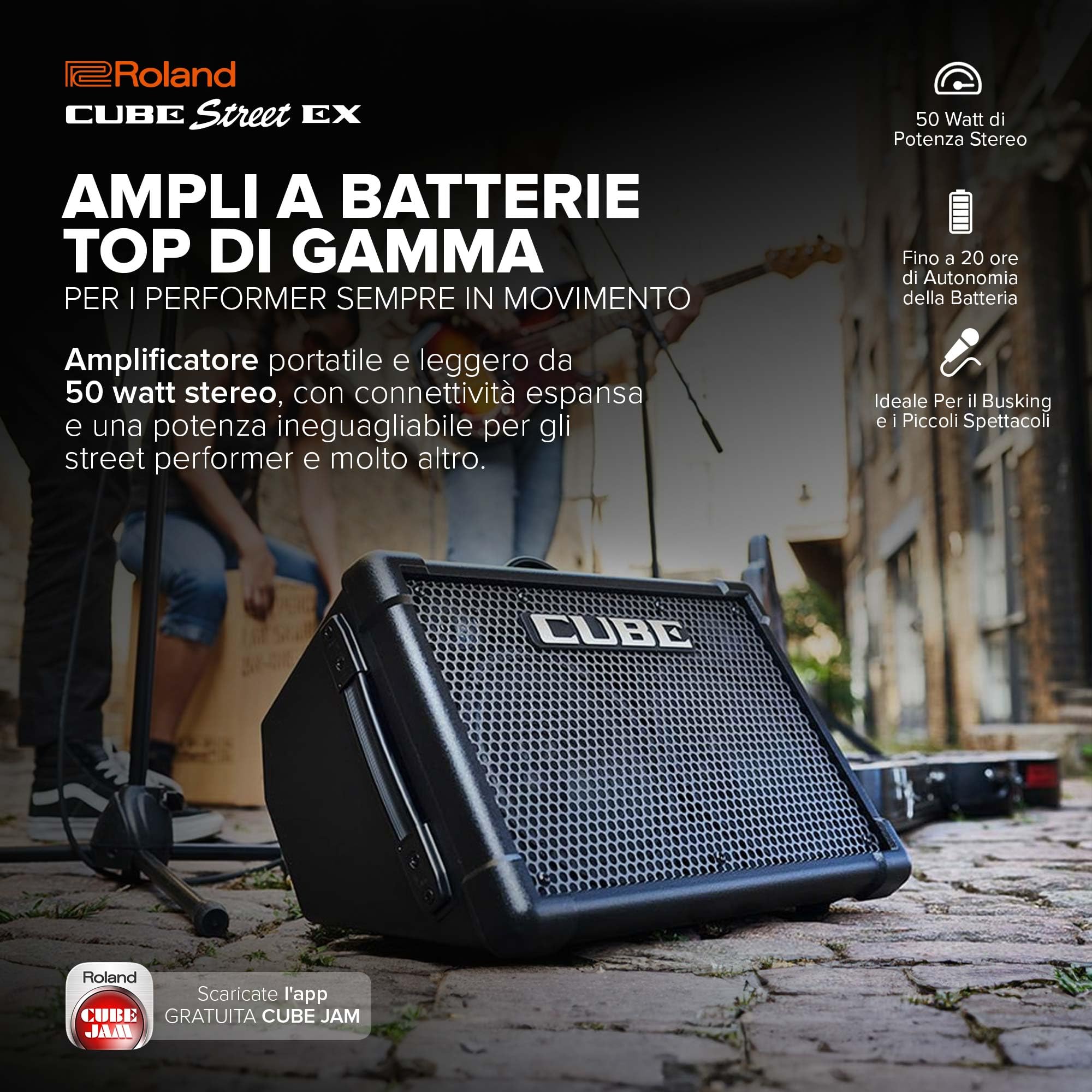 Roland CUBE Street EX | Amplificatore stereo da 50W alimentato a batteria | Suono definito e dinamico | Ideale per le performance all'aperto | Supporta microfoni, strumenti & dispositivi audio