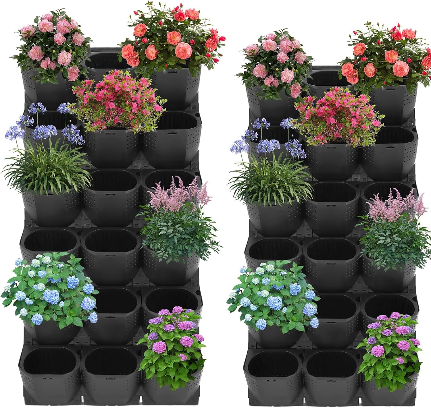 36-Pot Wall Mounted Planter – Vertical Wall Planter with Water Storage Layer, Stackable Flower Pot Holder for Indoor Outdoor Garden Balcony (12 * 3-Pot) (Black)