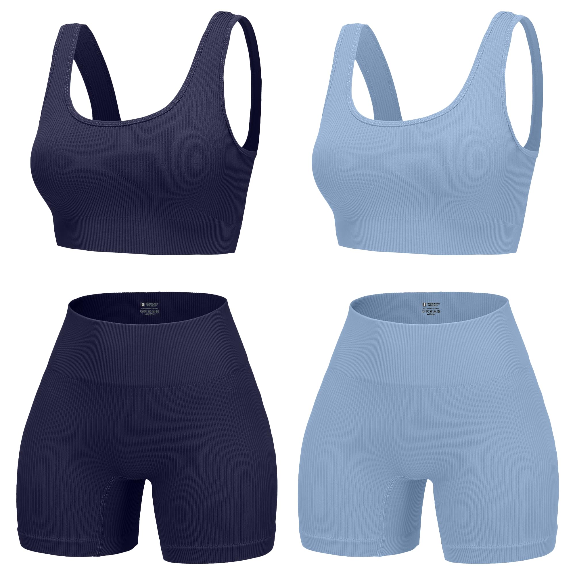 YWBIN 4 Piece Workout Sets for Women Seamless Ribbed High Waist Yoga shorts with Sports Bra Outfits
