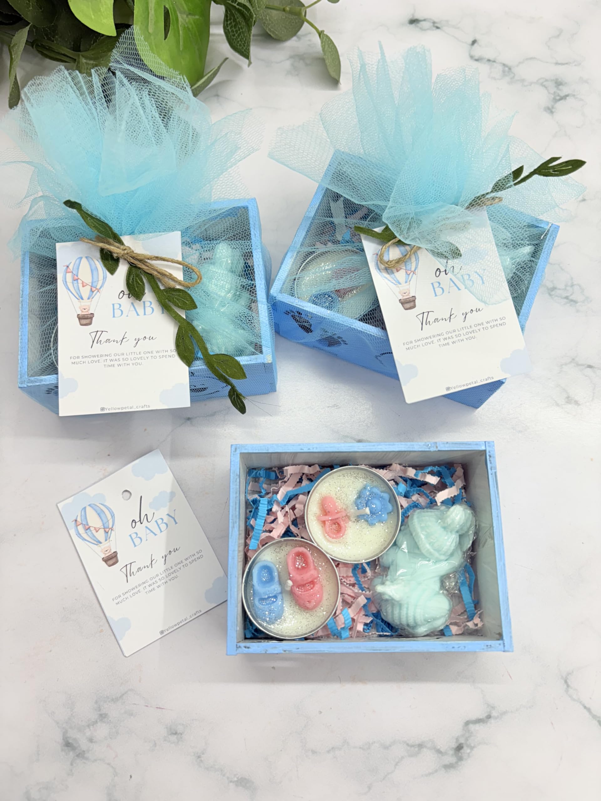 Yellow Petal®- Baby Shower & Birthday Return Gift- Mini MDF Tray Soap and Candle Combo, Net & Card Packing, Blue Colour, 100% Soy Scented Candles and Handmade Soap (3 Set)
