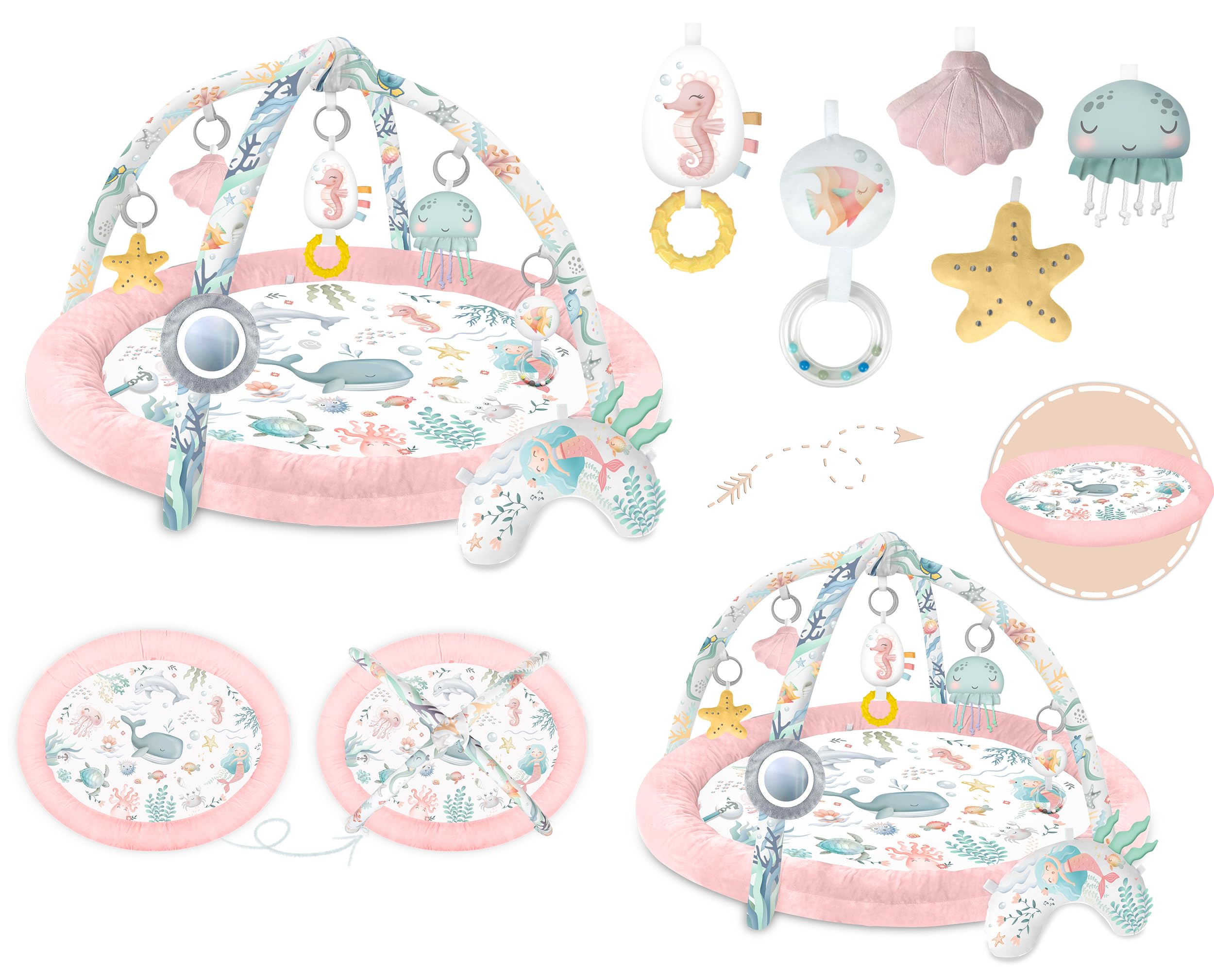 Nukido Tapis d'Éveil Bébé avec Arches Amovibles et 7 Jouets - Rose Océan