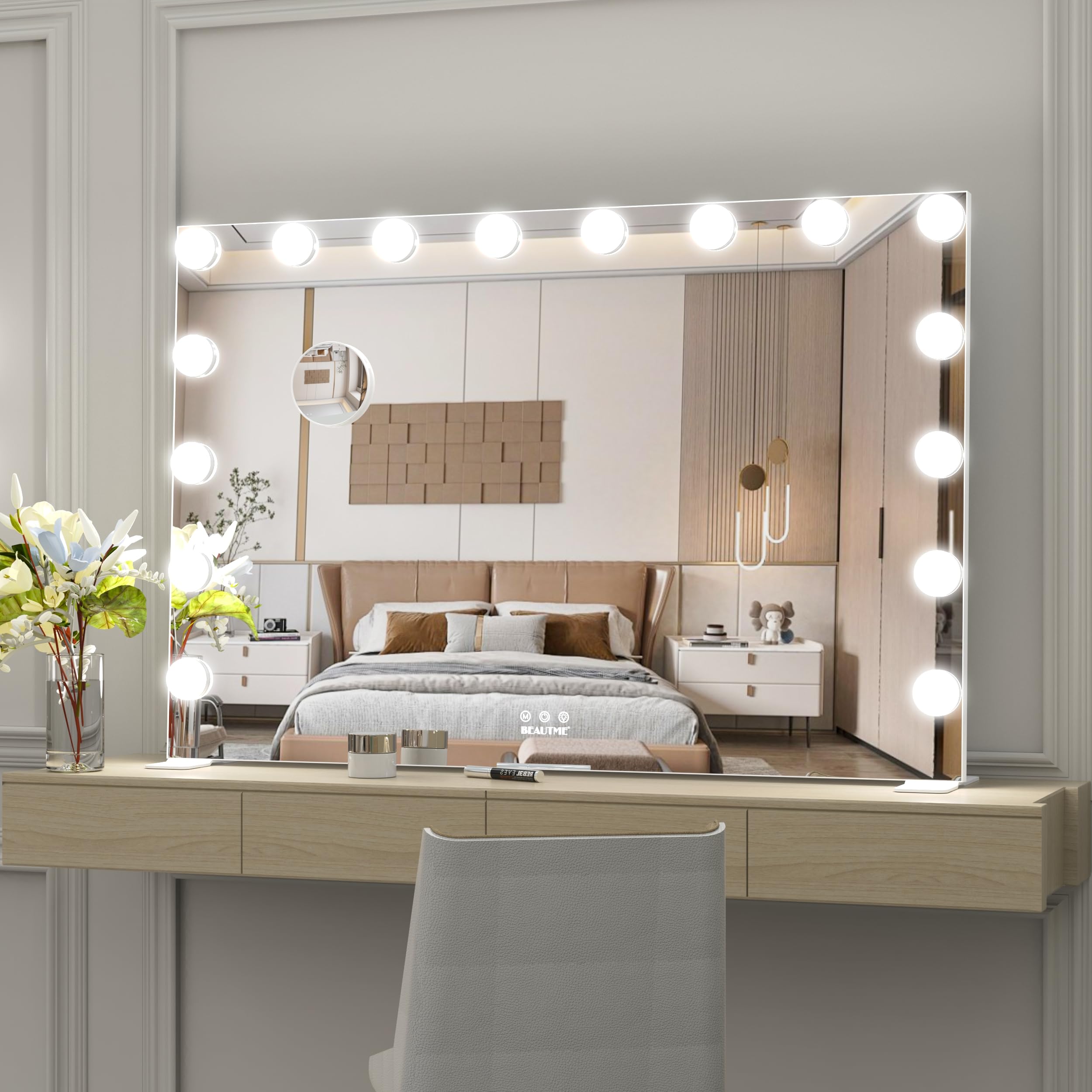 WONSTART Espejo de tocador Grande con Luces, 91 x 61 cm, Espejo Iluminado Hollywood con Luces para Maquillaje, Luces Regulables con 3 ajustes de luz de Color, Blanco