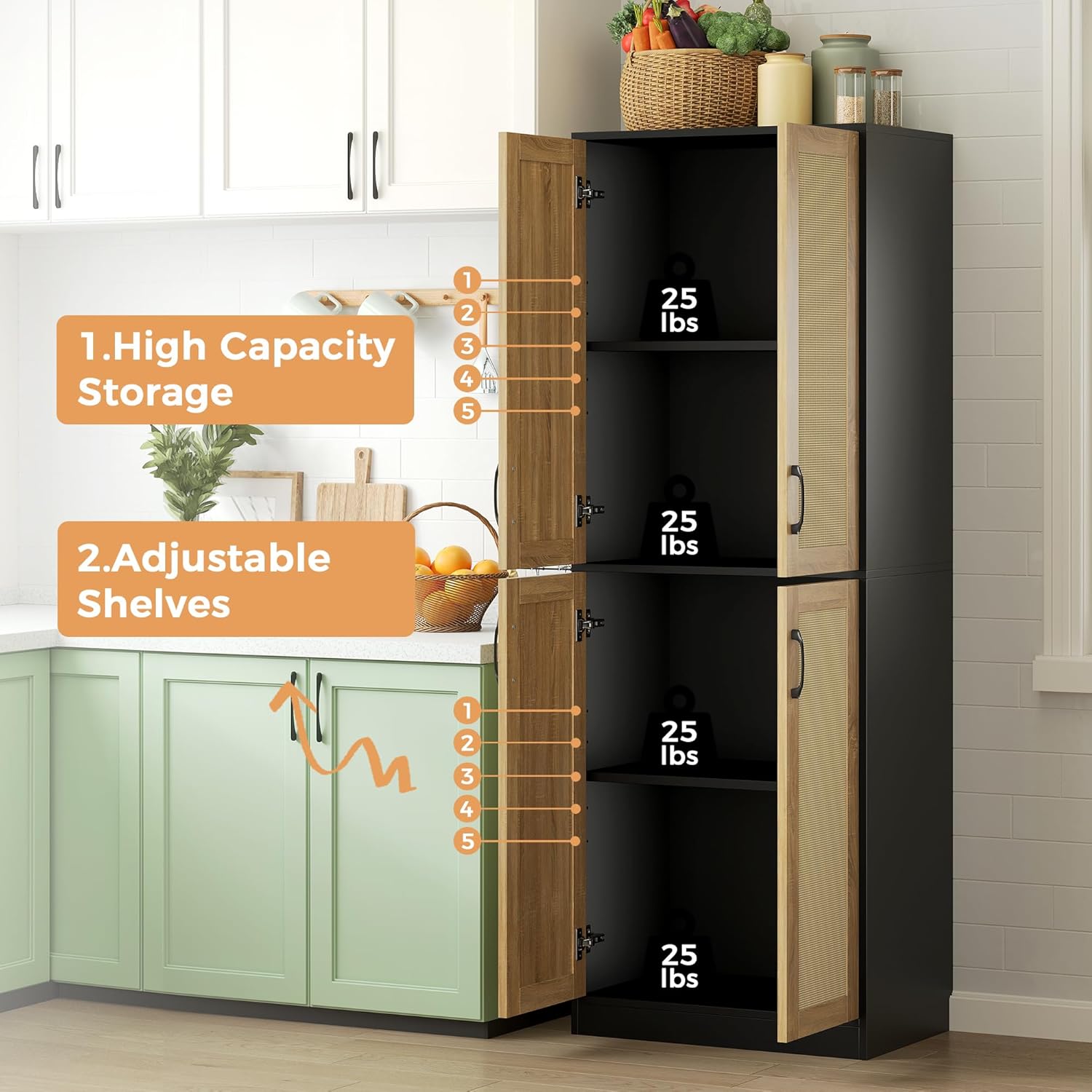 Black Kitchen Pantry with Rattan Doors and Adjustable Shelves