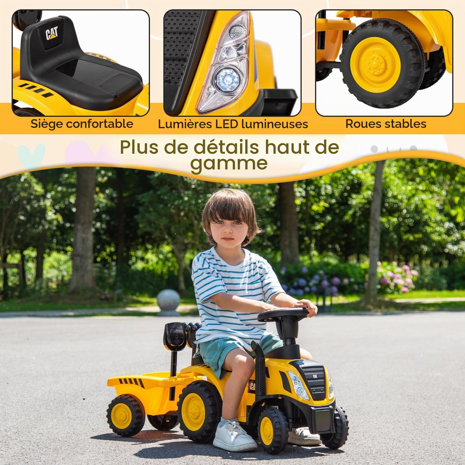 FANTASK Tracteur à roulettes avec Pelle et râteau Amovible, avec klaxon, véhicule avec Son Moteur et lumières LED, pour Enfants à partir de 1 an