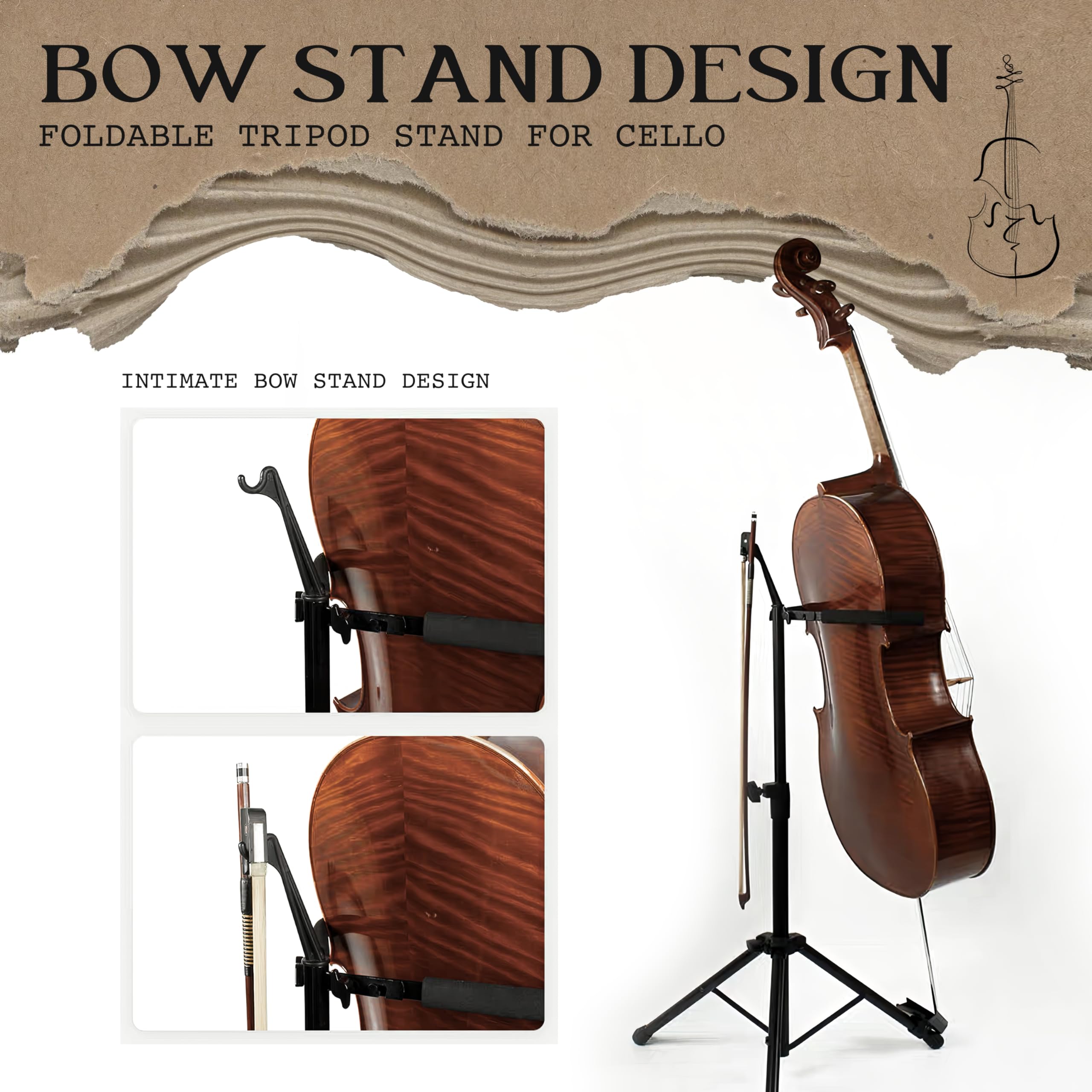 WHELPAW Adjustable Cello Stand with Bow Holder - Secure & Sturdy Support for All Cello Sizes - Easy Fold Design - Premium Materials & Non-Slip Feet