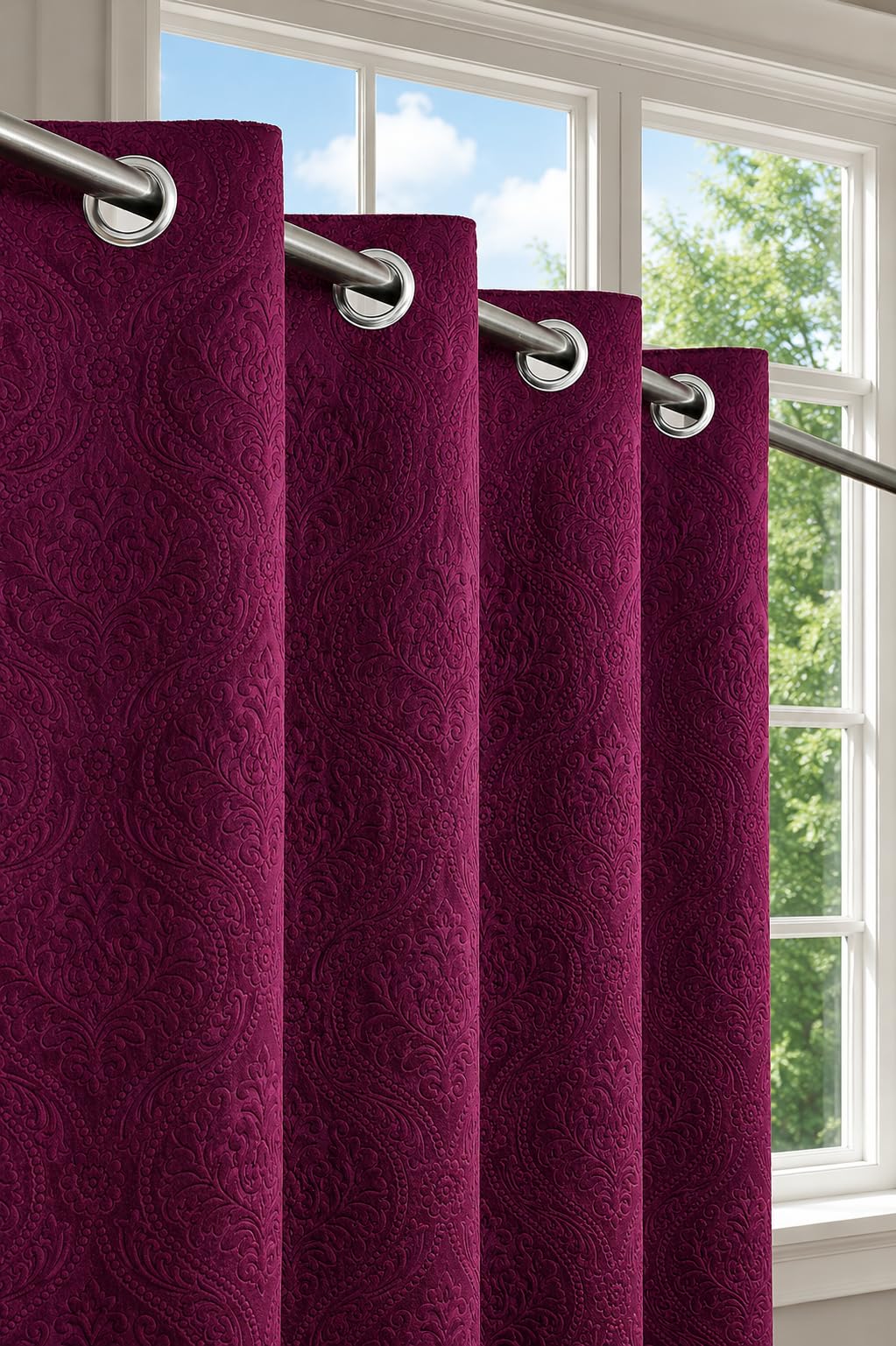 Velvet Embossed Curtains - 7 Feet Long, Cream -13 Velvet Embossed Curtains - 7 Feet Long, Cream -13